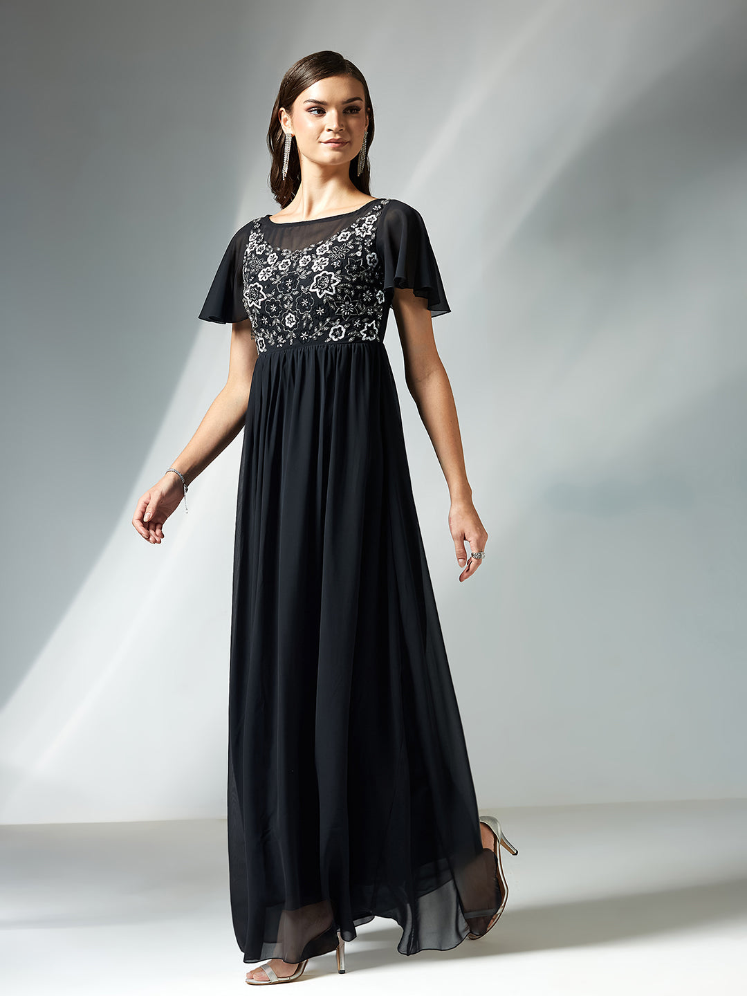 Women's Black Embellished Gathered Maxi Dress