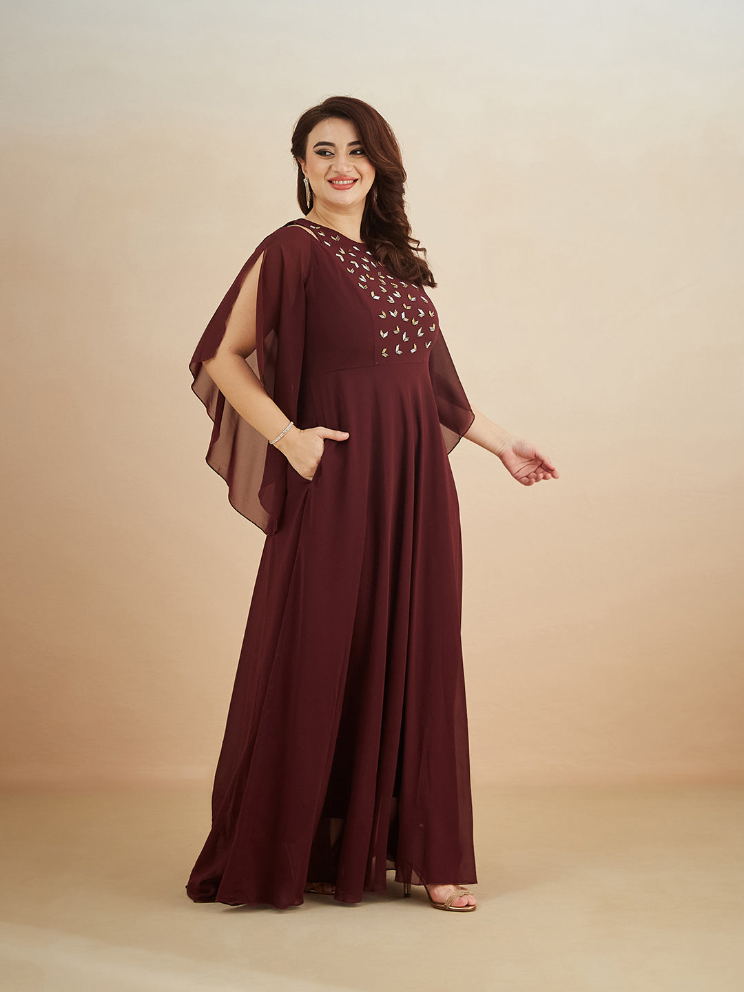 Wine Solid Relaxed Fit Round Neck Flared Sleeve Maxi Dress for Women