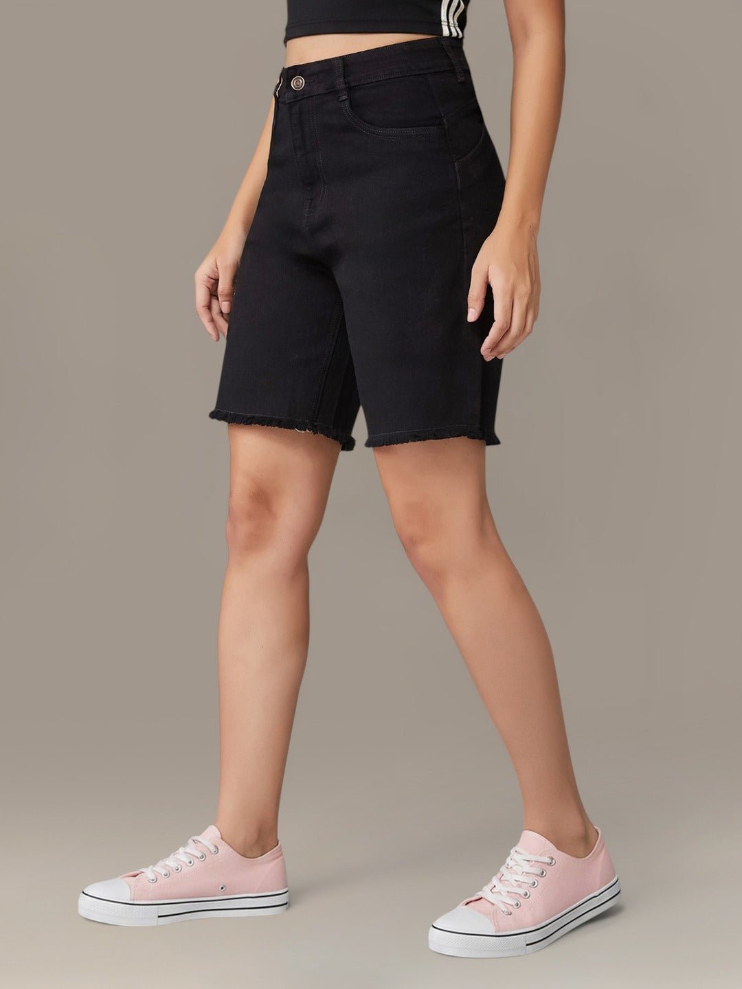Black Regular High Rise Above Knee Stretchable Denim Shorts for Women