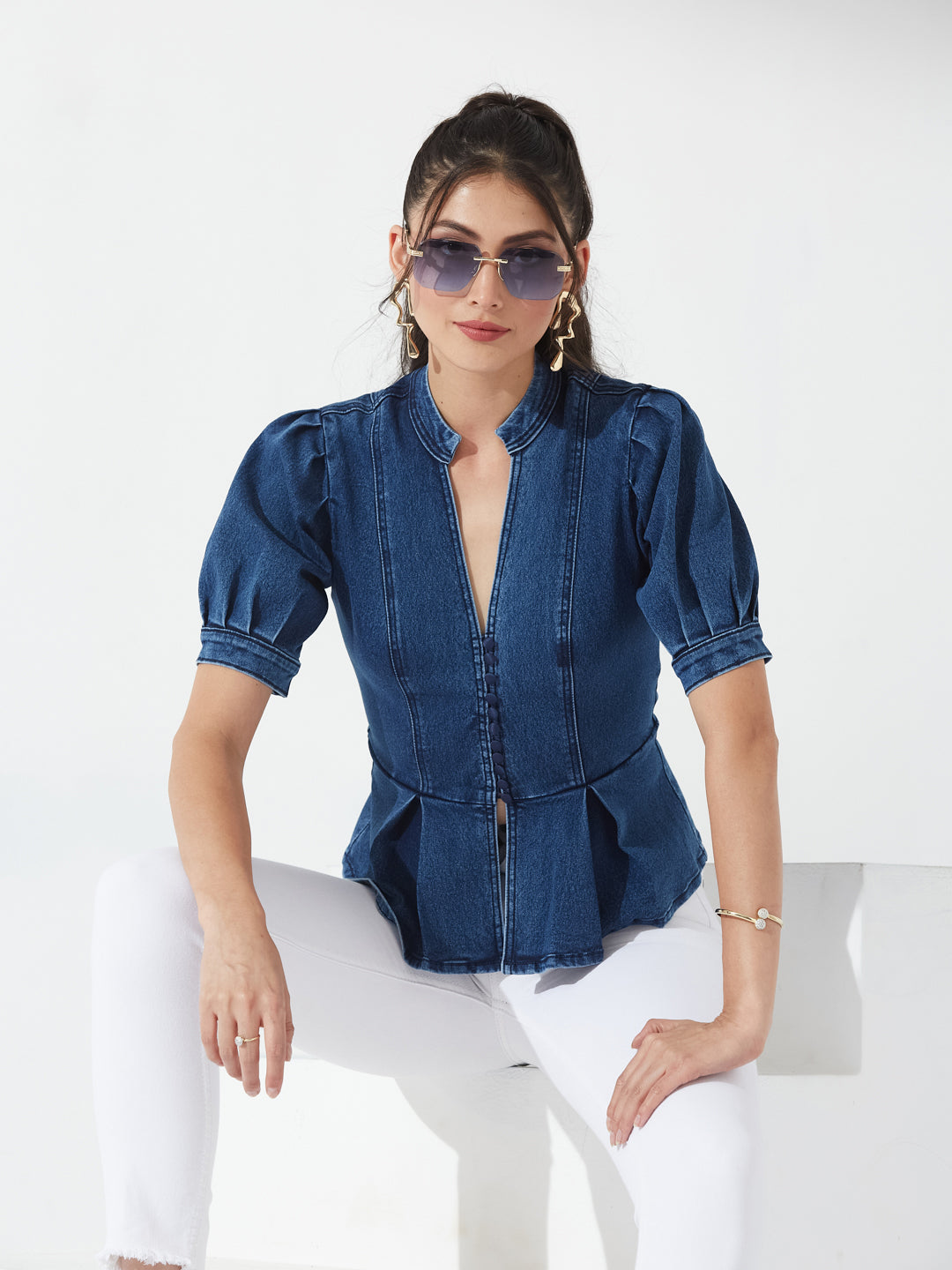 Blue Mandarin Collar Puff Sleeve Box-Pleated Peplum Denim Top For Women