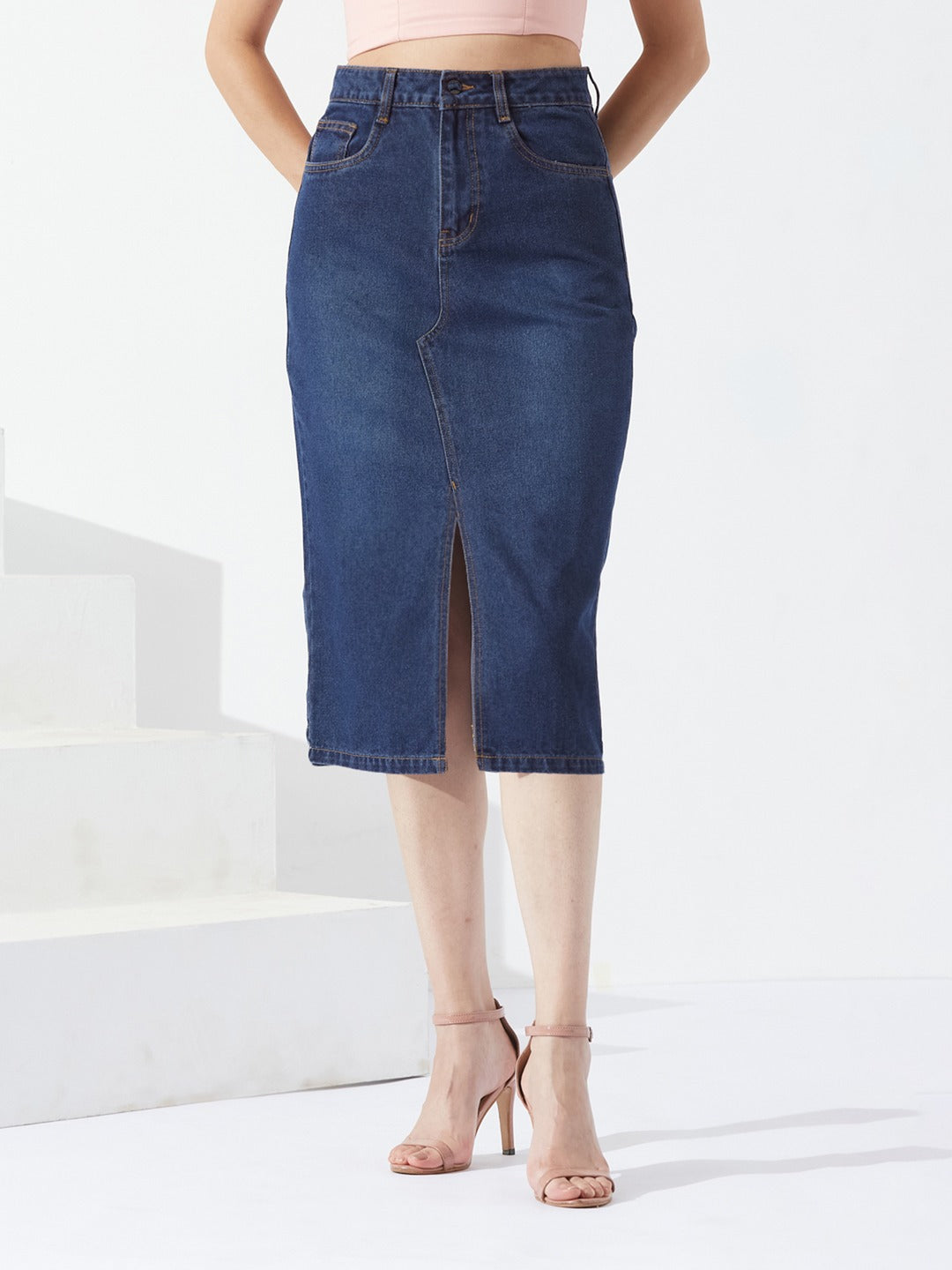 Dark Blue A-Line High-Rise Non-stretchable Denim Midi Skirt for Women