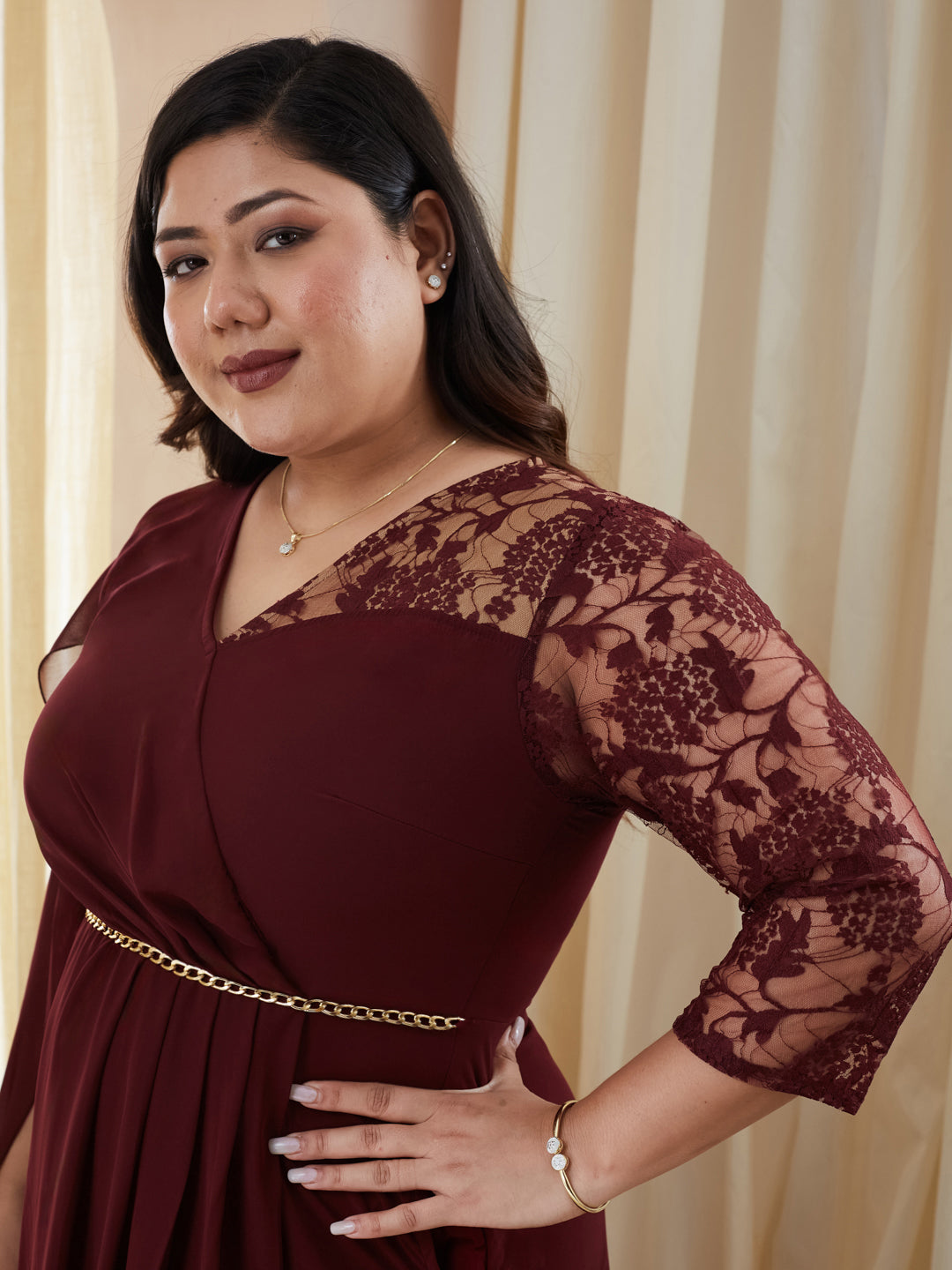 Wine V-Neck Three-Quarter Sleeve Self-Designed Asymmetric Georgette Maxi Dress for Women