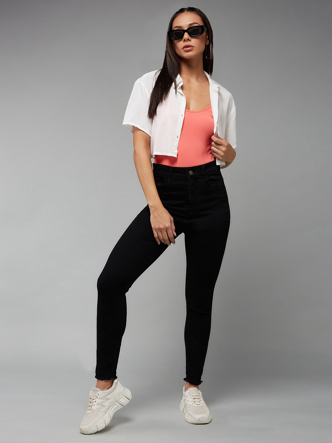 24/7 Comfort Black Skinny Fringed Detailing High-Rise Cropped Stretchable Denim Jeans