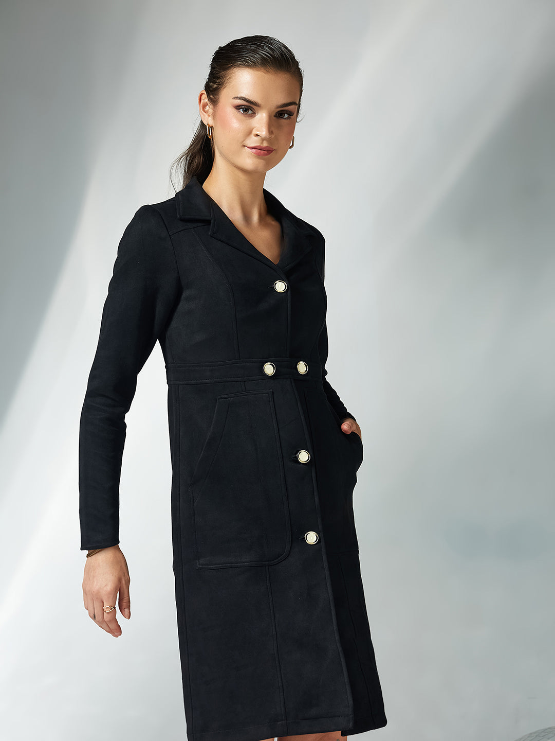 Black Solid Shirt Collar Full Sleeves Patched Pocketed Polyester Button Down Longline Jacket for Women