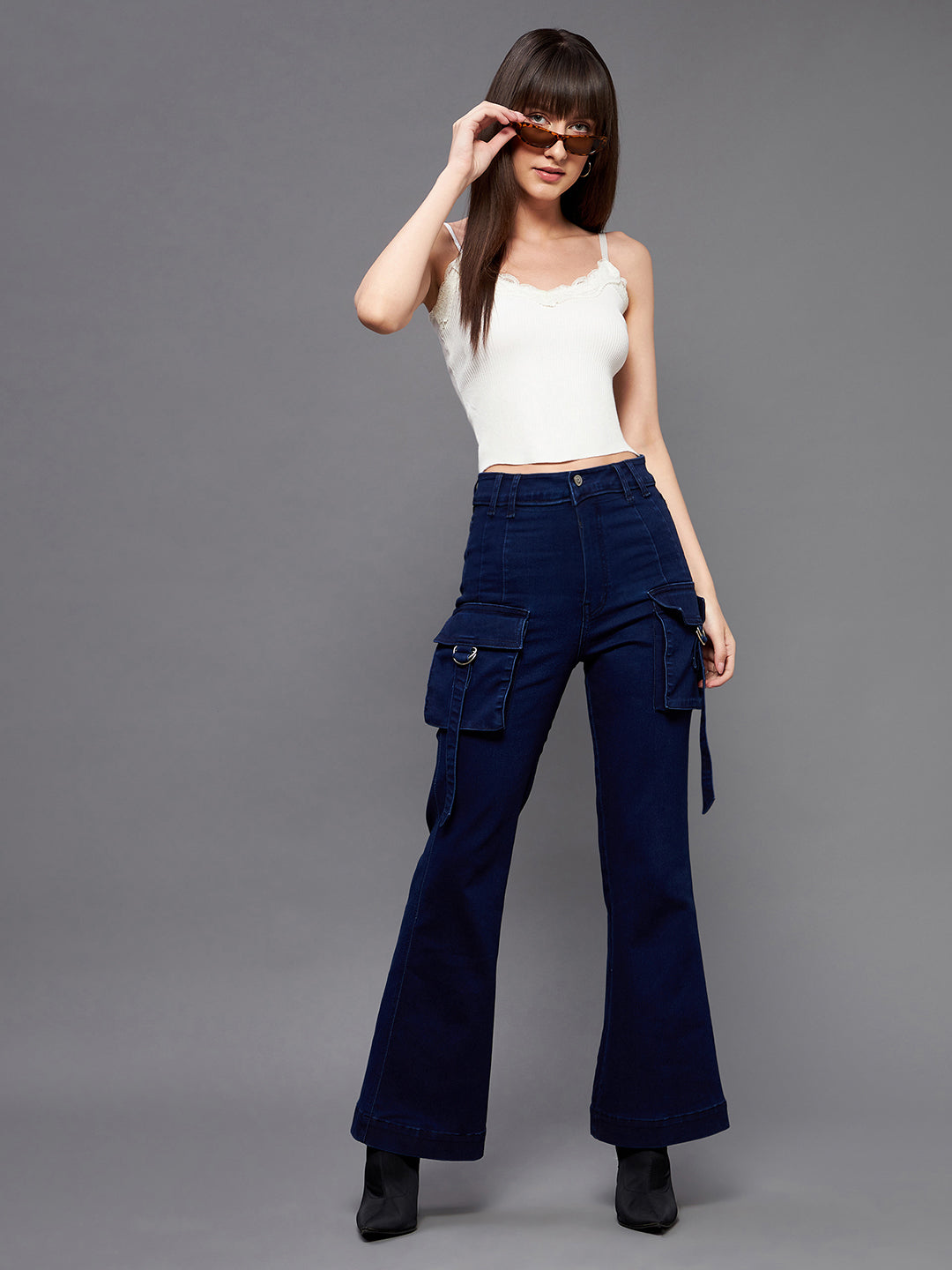 24/7 Comfort Navy-Blue Bell-Bottom Bootcut High-Rise Stretchable Cargo Denim Jeans