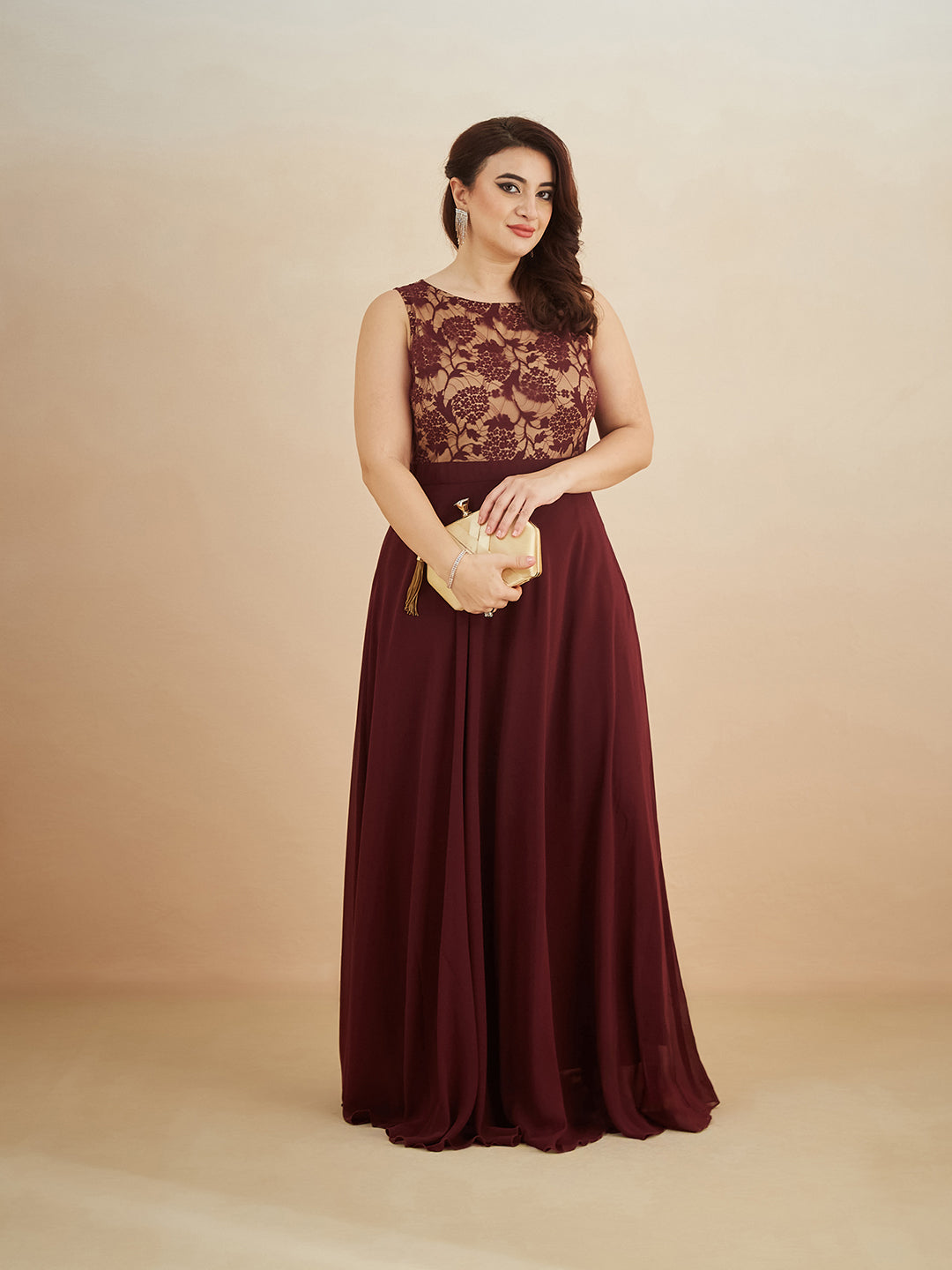 Beige & Wine Round Neck Sleeveless Georgette Floral Lace Fit & Flare Maxi Dress for Women