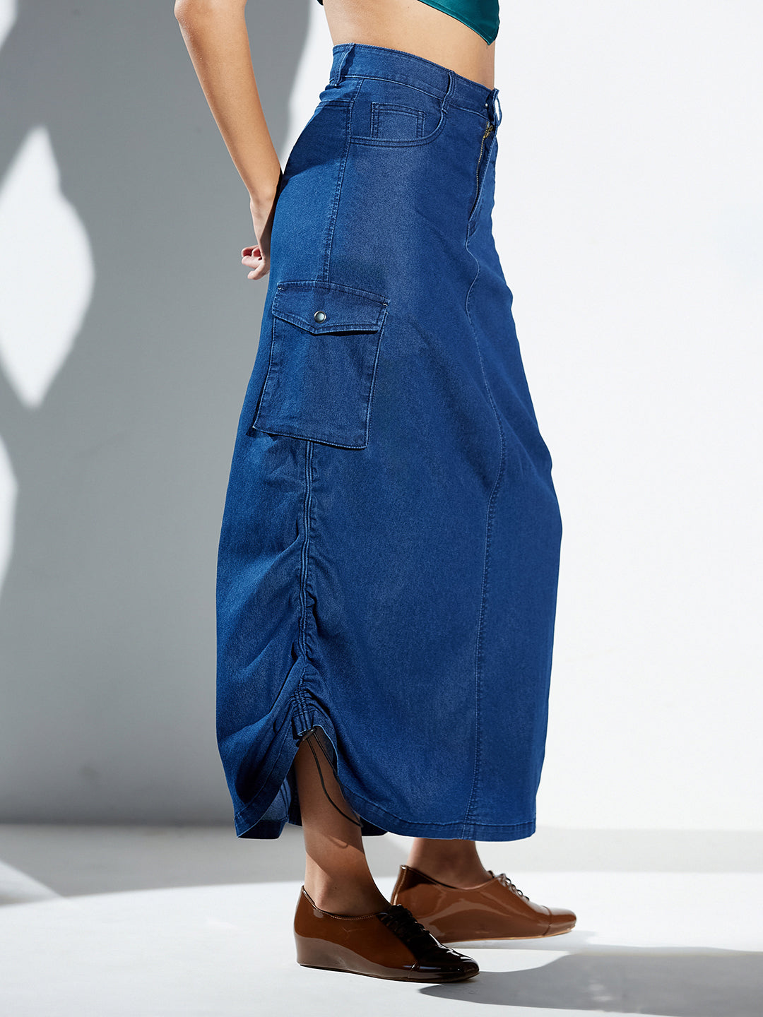 Navy Blue Baggy High-Rise Ruched Parachute Stretchable Denim Midi Skirt For Women