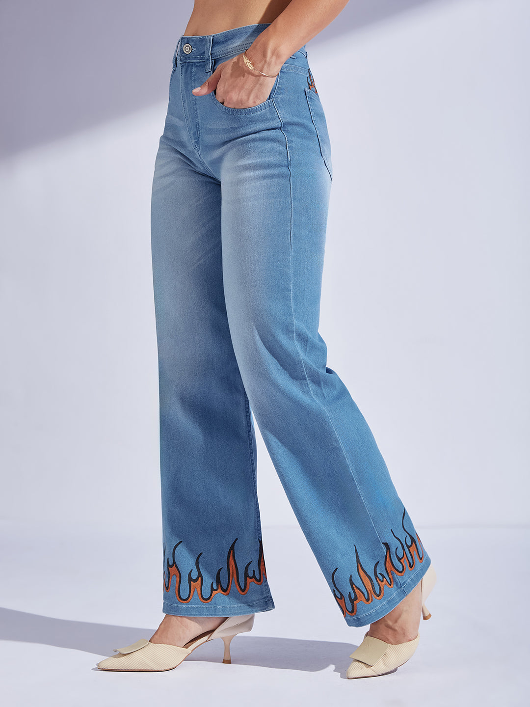 Women's Light Blue Straight Fit Mid-Rise Hand Painted Stretchable Denim Jeans