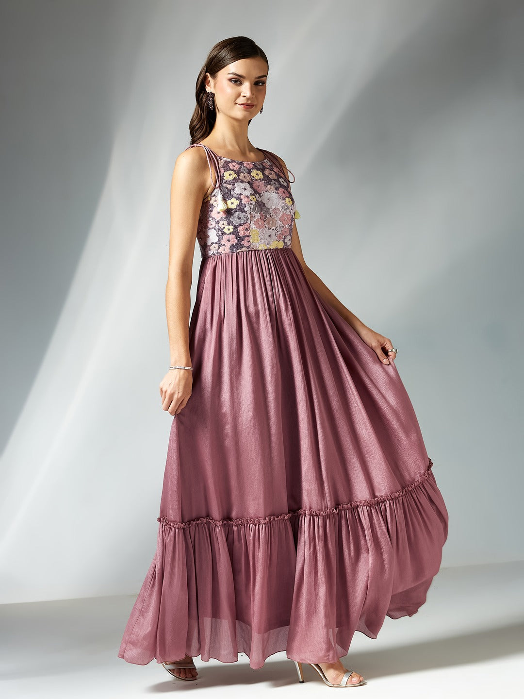 Mauve Floral Printed Sleeveless Maxi Dress for Women