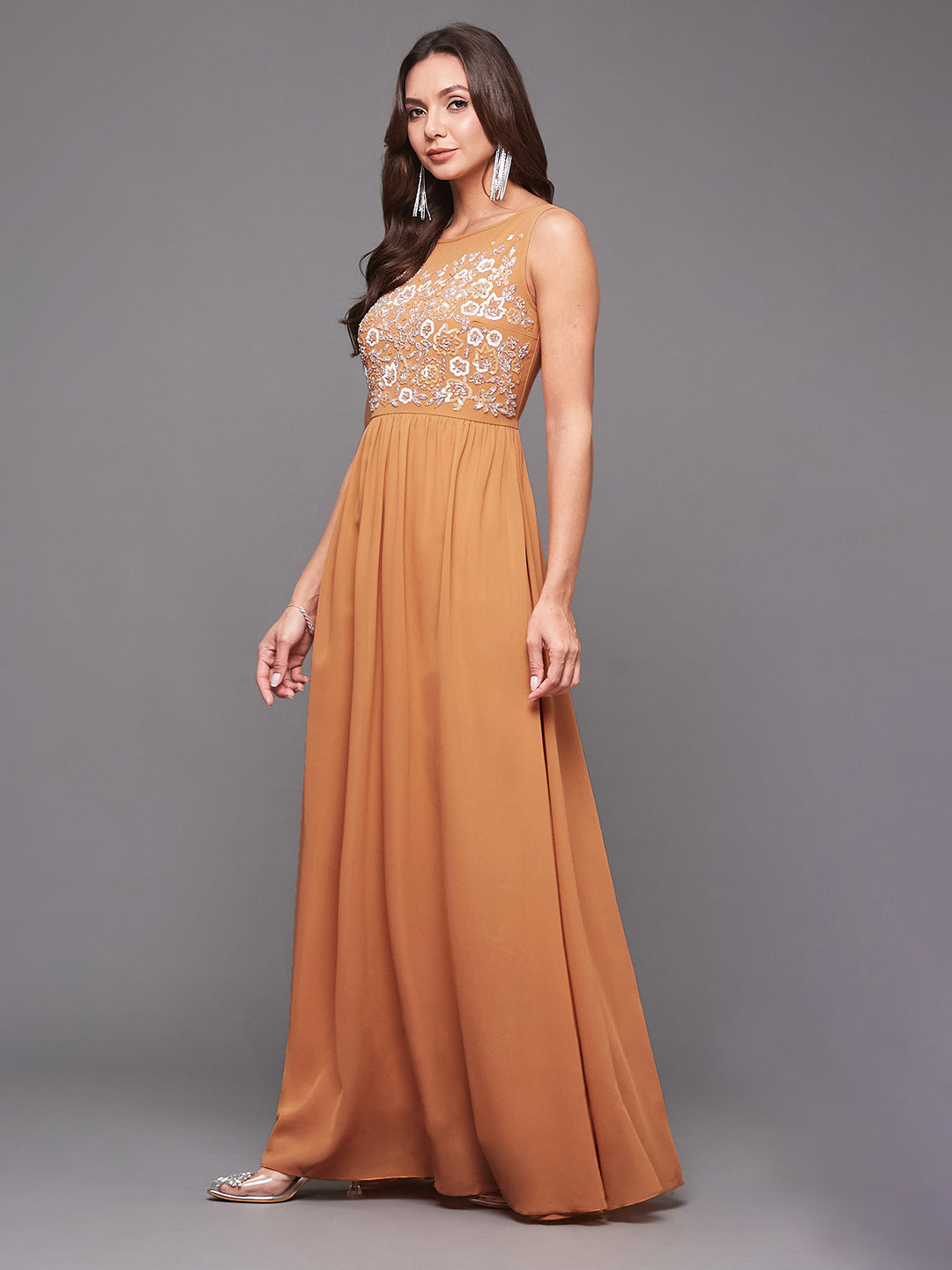 Dusty Orange Sleeveless Fit and Flare Sequinned Maxi Dress Long Dress Frock for Women