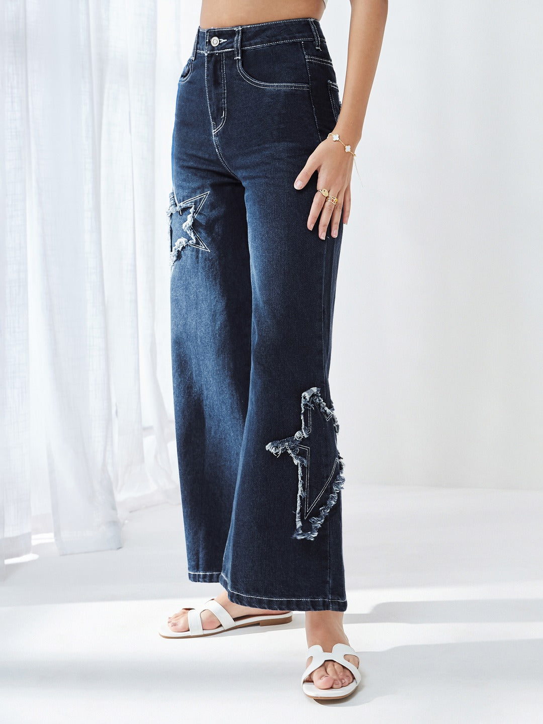 Navy Blue High Rise Mildly-Distressed Regular-Length Stretchable Denim Wide-leg Jeans for Women