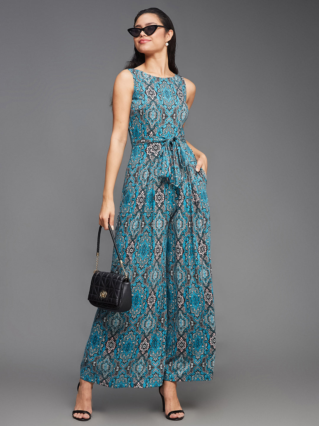 Women's Multicolored-Base-Black Boat Neck Sleeveless Bohemian-Patterned Pleated Pure Cotton Regular-Length Jumpsuit