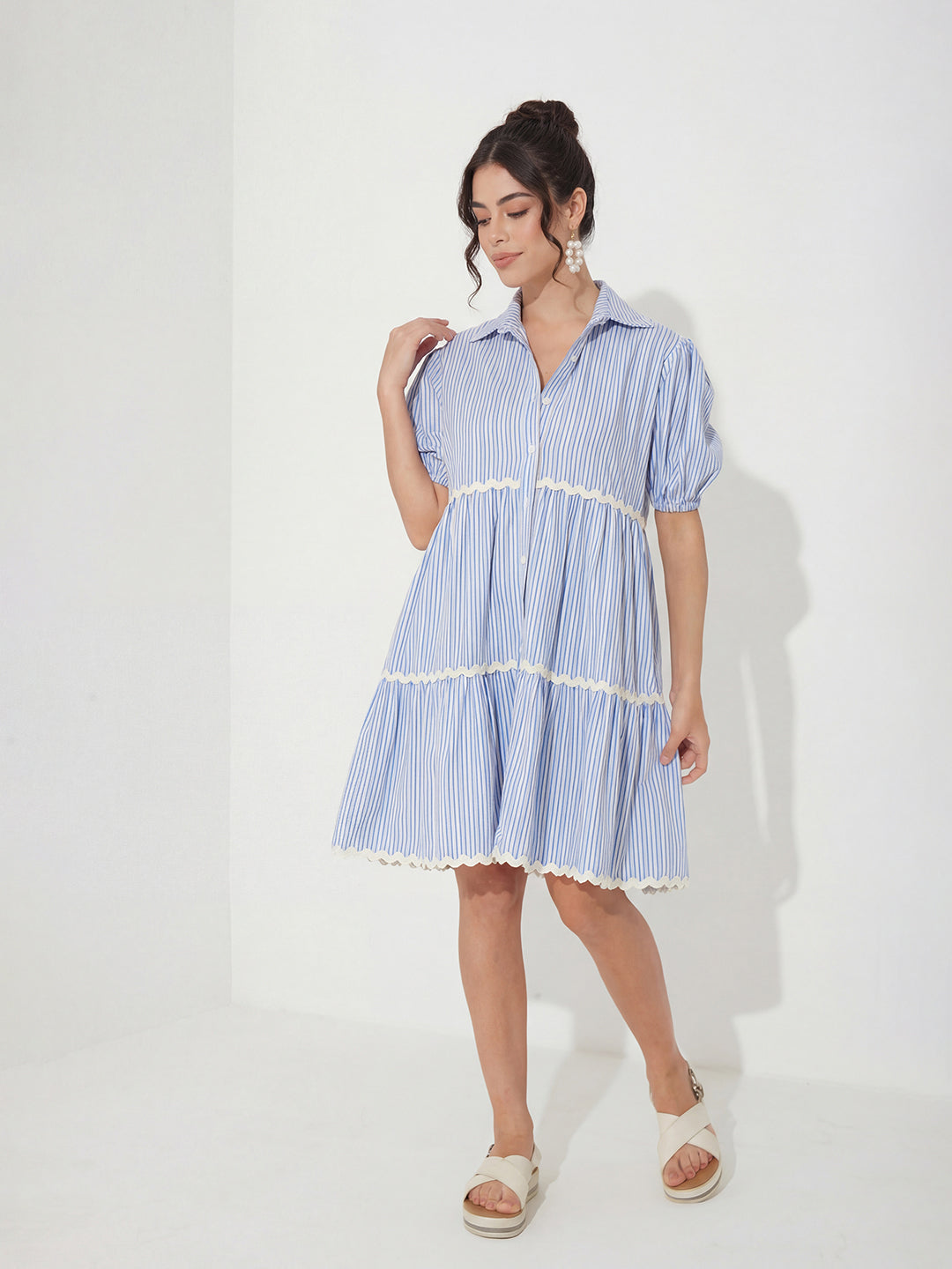 Blue and White Striped Cotton Shirt Dress with Puff Sleeves and Tiered Hem for Women