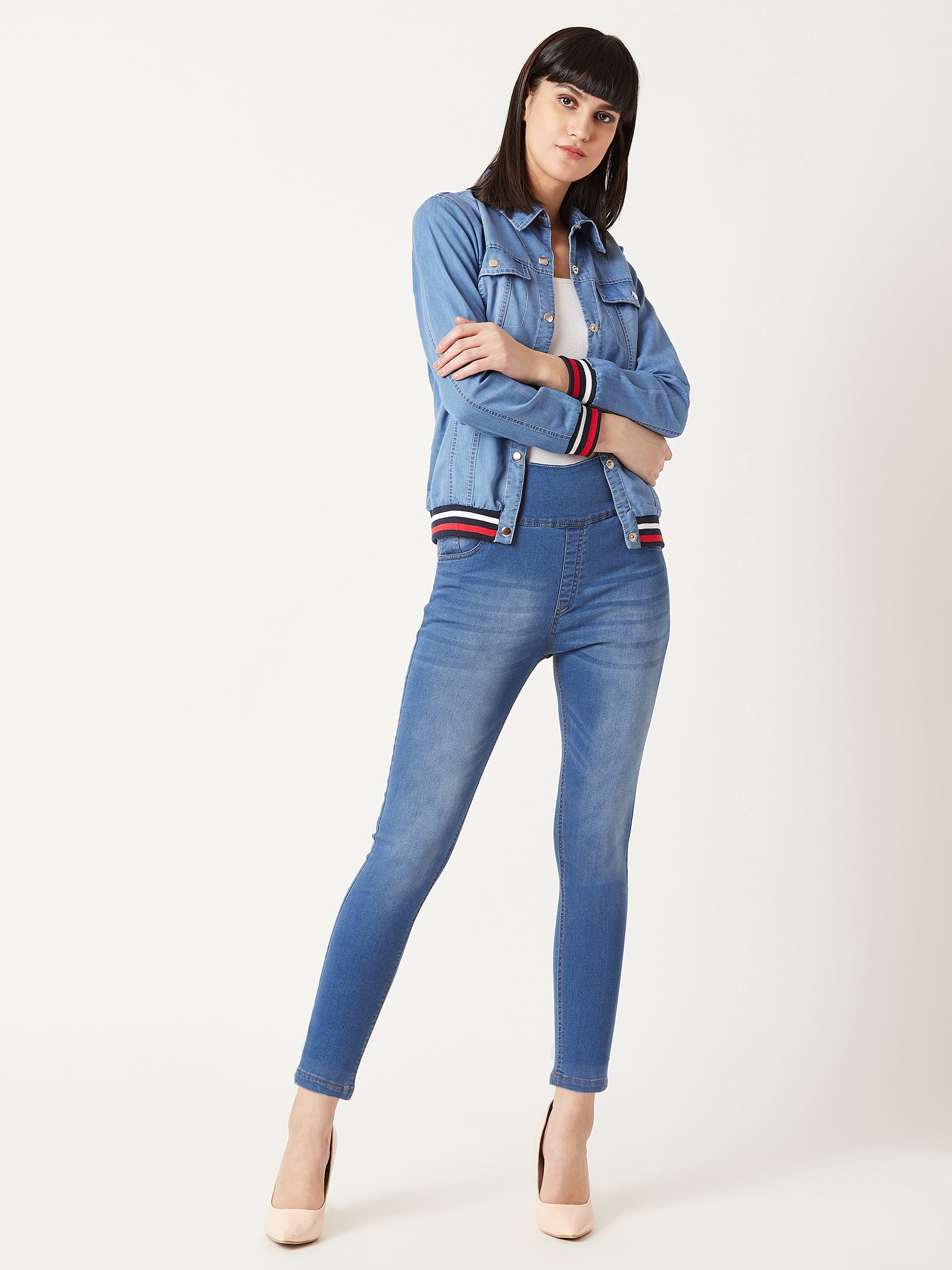 Women's Blue Super Skinny High-Rise Clean-Look Blast Effect Regular Length Stretchable Denim Jeggings