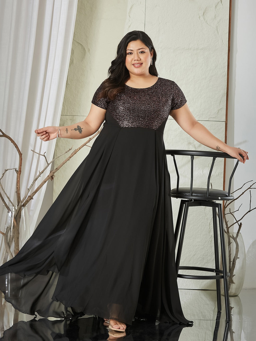 Black Round Neck Short Sleeve Embellished Fit & Flare Maxi Georgette Dress for Women