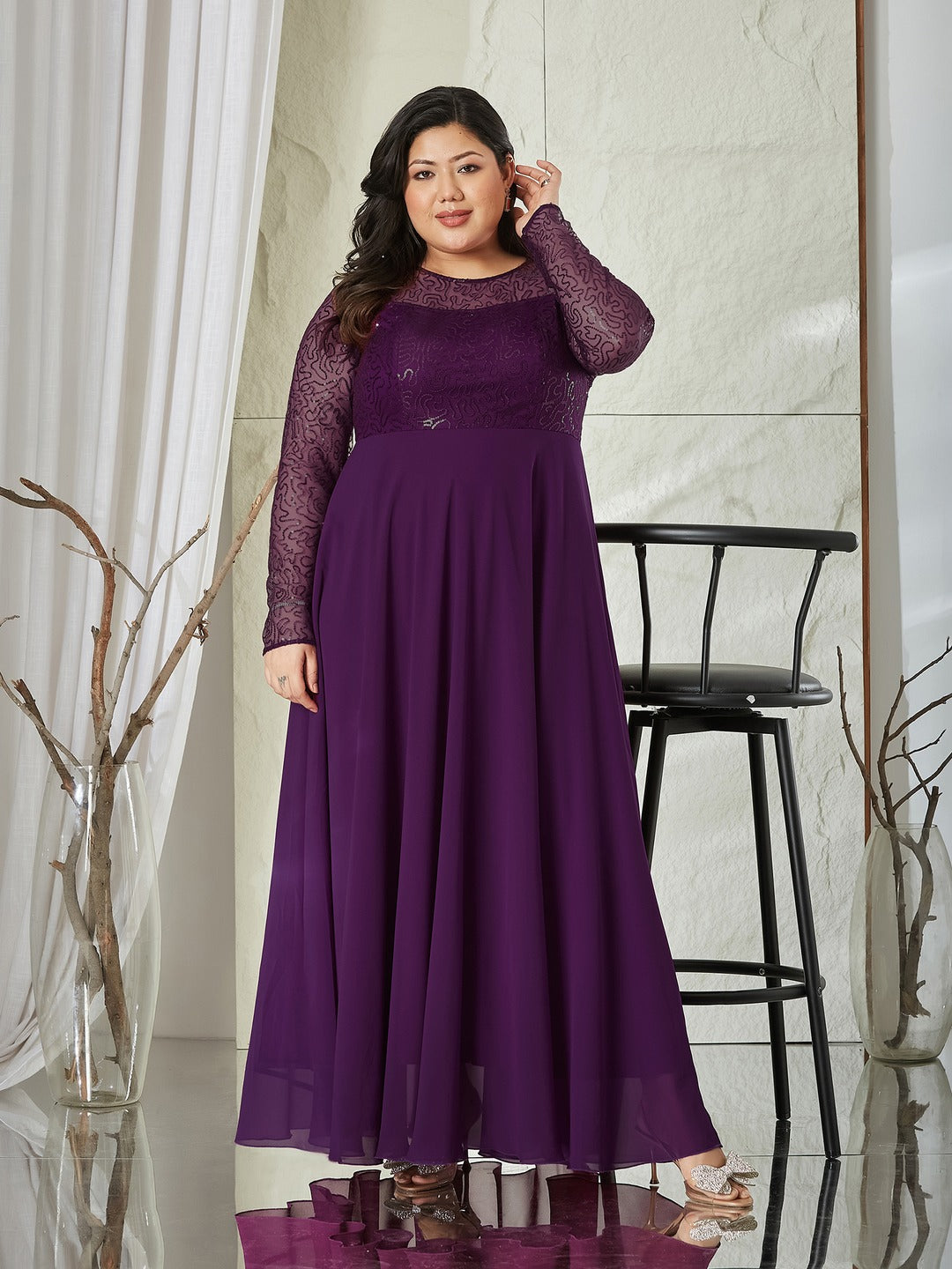 Dark Purple Solid Embellished Maxi Dress for Women