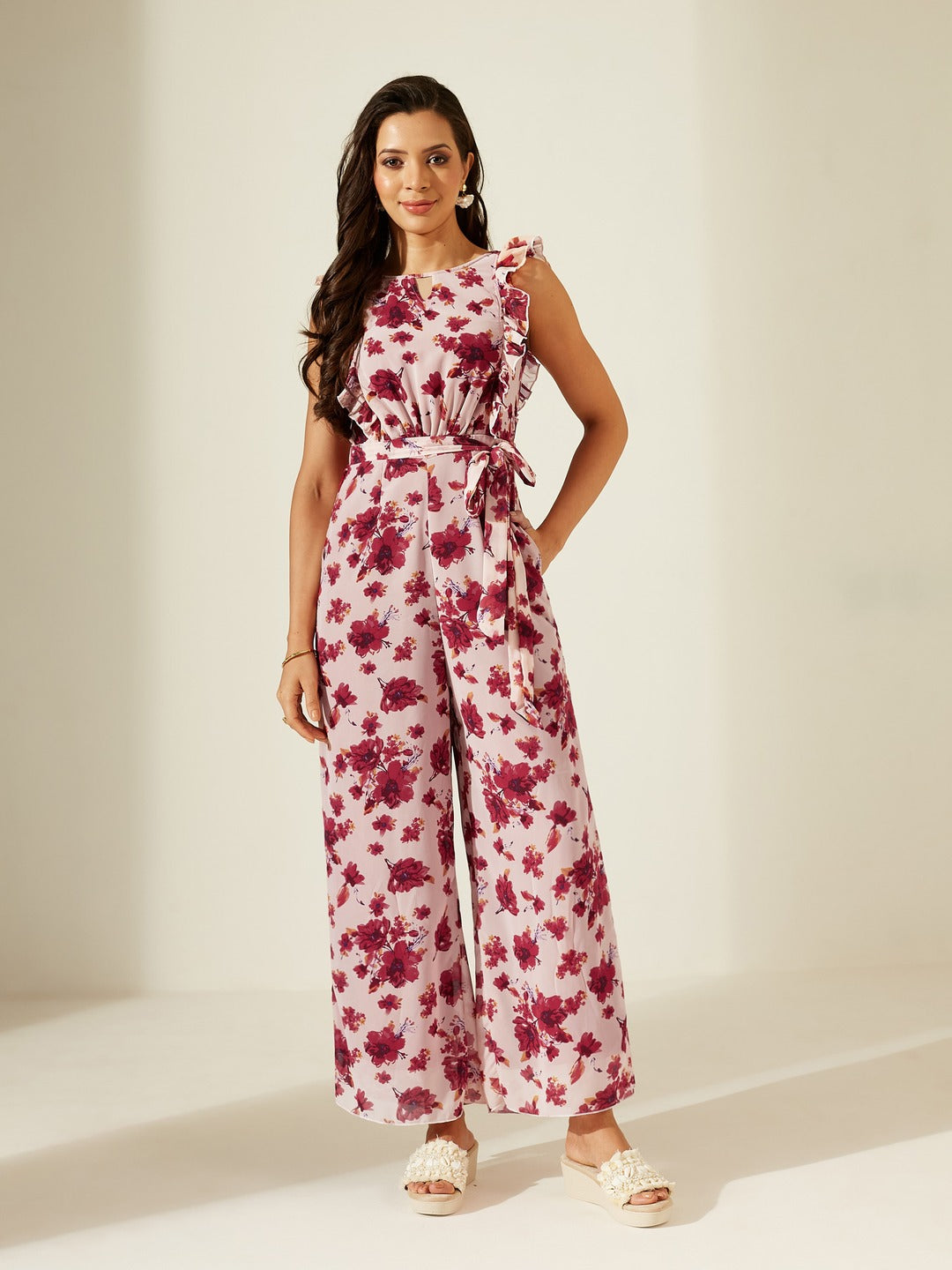 Light Pink Round neck Sleeveless Floral Wide Leg Regular Jumpsuit for Women