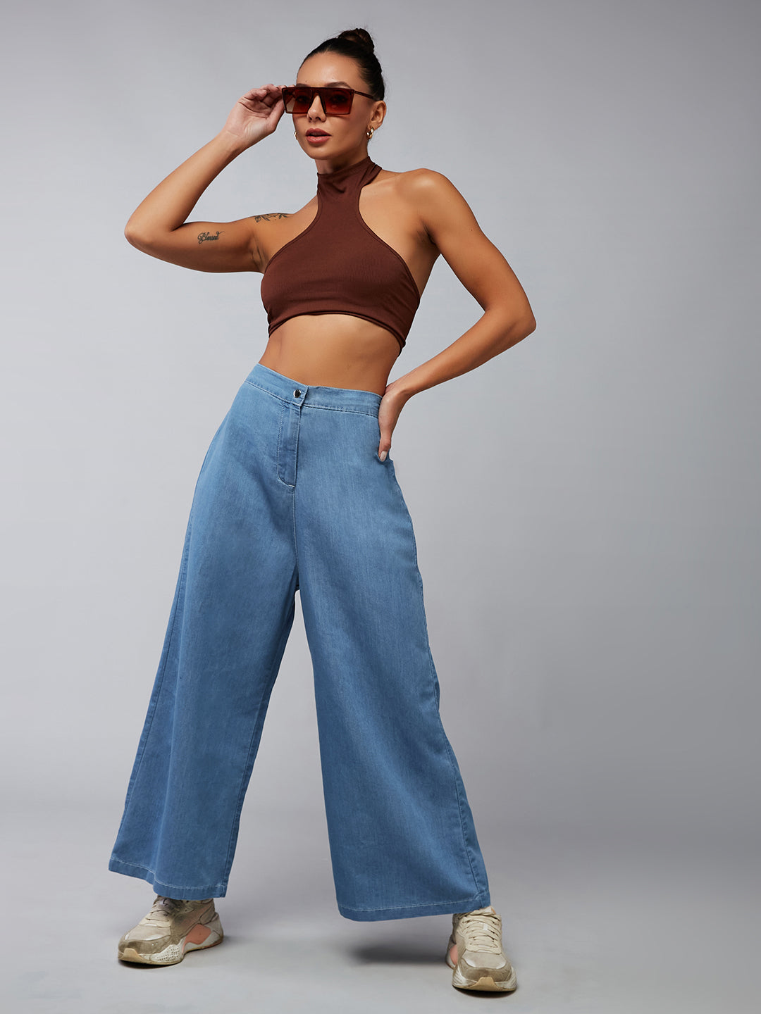 Women's Blue Flared Wide-Leg High-Rise Light Weight Non Stretchable Denim Culottes Pants