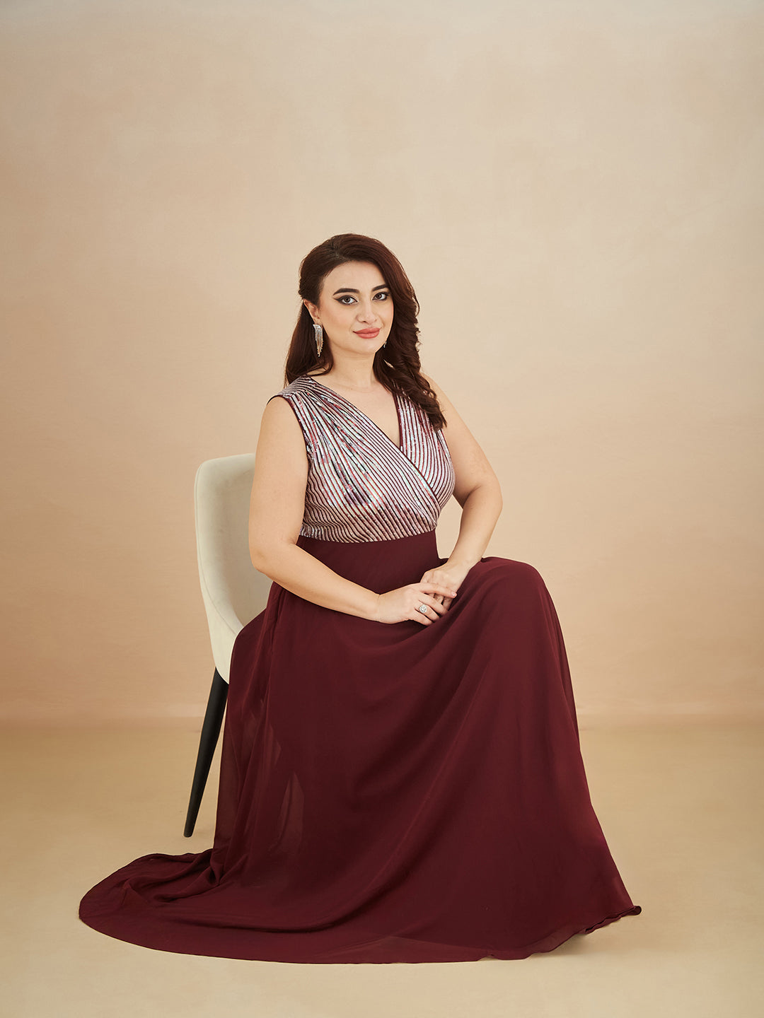 Wine V-Neck Sleeveless Embellished Wrap-Styled Maxi Georgette Dress for Women