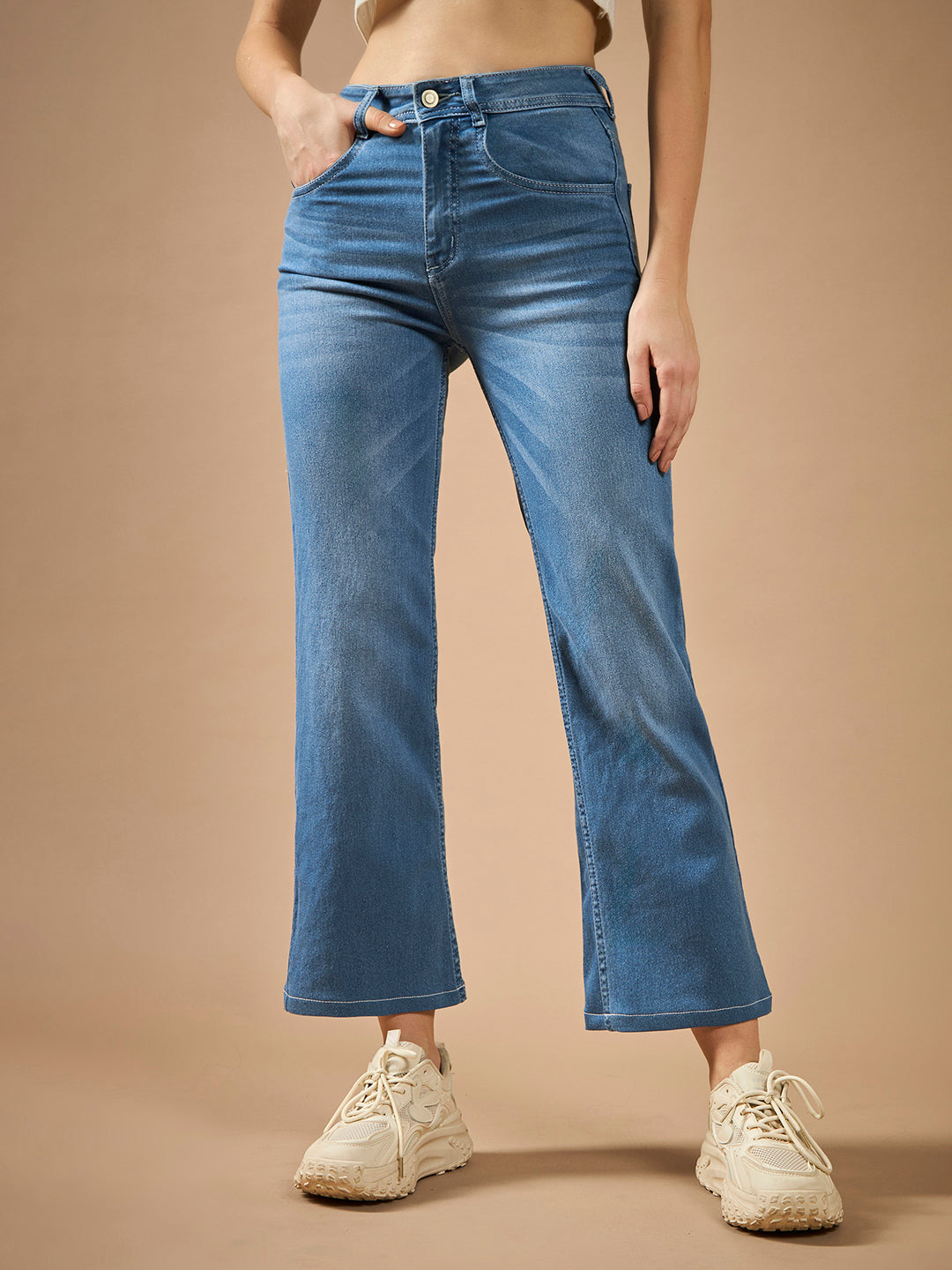 Women's Light Blue Wide-Leg fit Mid-Rise Regular-Length Stretchable Denim Jeans