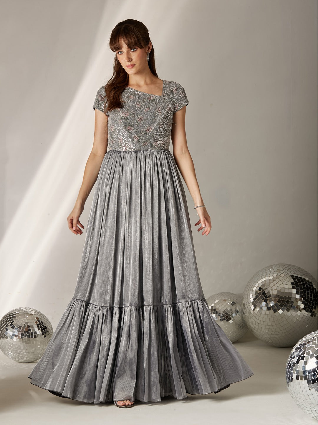 Silver Asymmetric Short Sleeve Embellished Tiered Chiffon Maxi Dress for Women