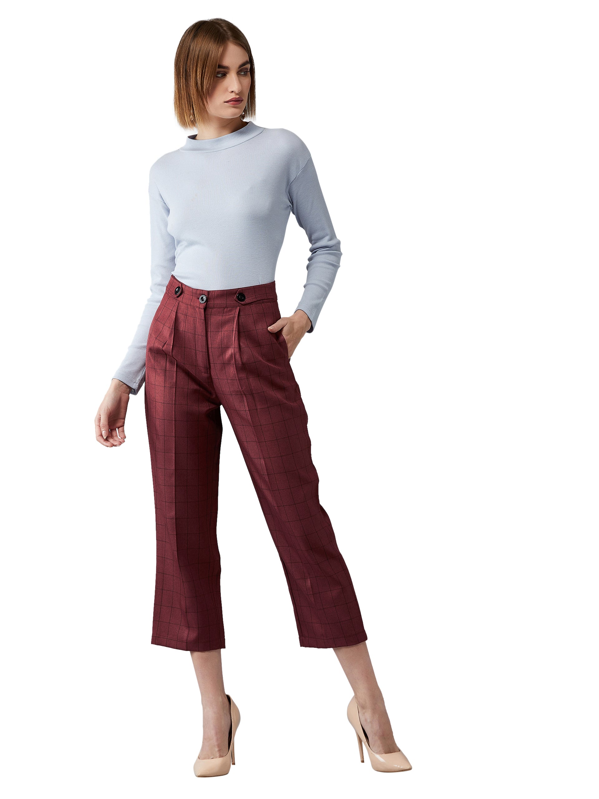 Women's Maroon Checkered Pleated Regular Length Trouser