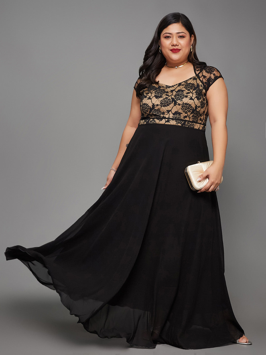 Black Floral Cap Sleeves Fit and Flare Lace Maxi Dress Gown for Women | Life of the Party Collection