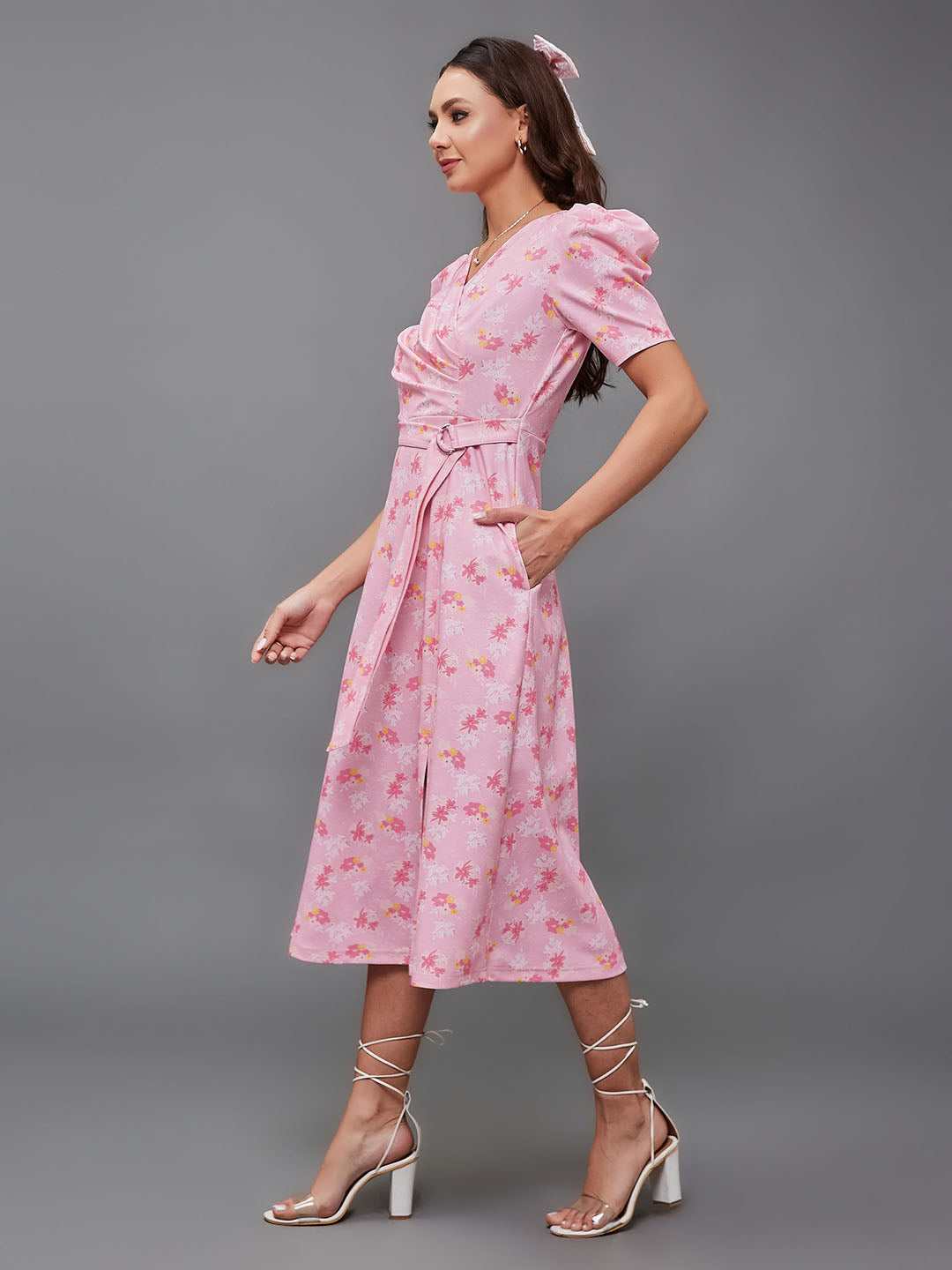 Crease Ease Women's Multicolored-Base-Pink V-neck Puff Sleeve Floral Wrap Midi Dress