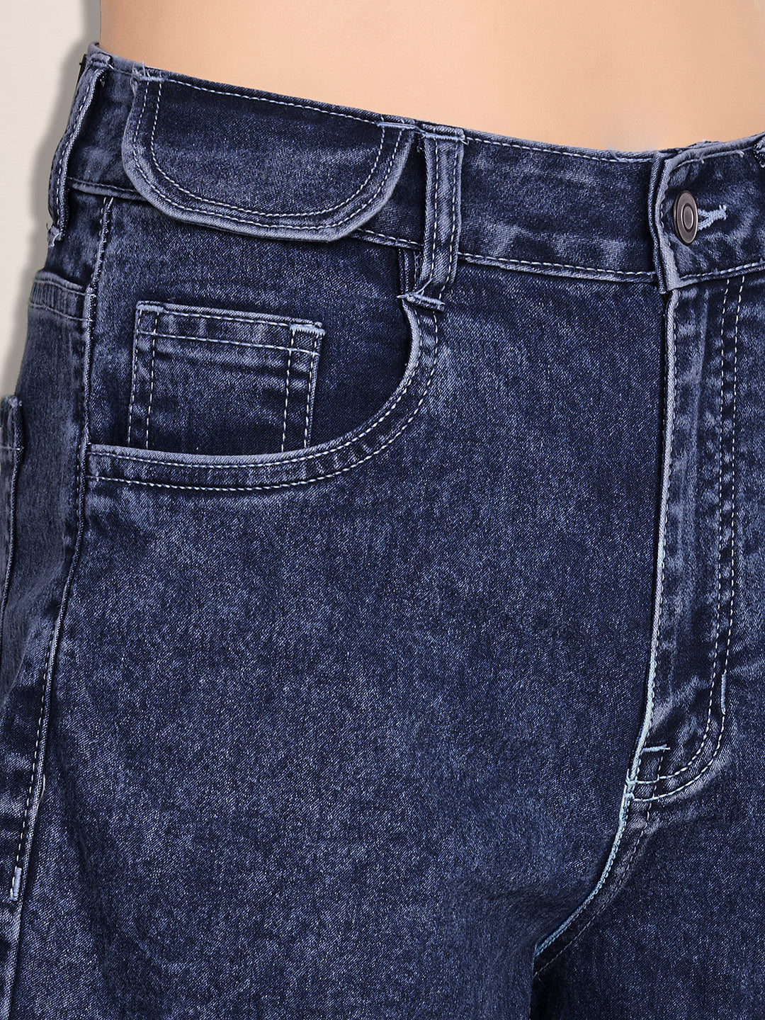 Women's Navy Blue Relaxed-Fit High-Rise Stretchable Denim Faded Shorts