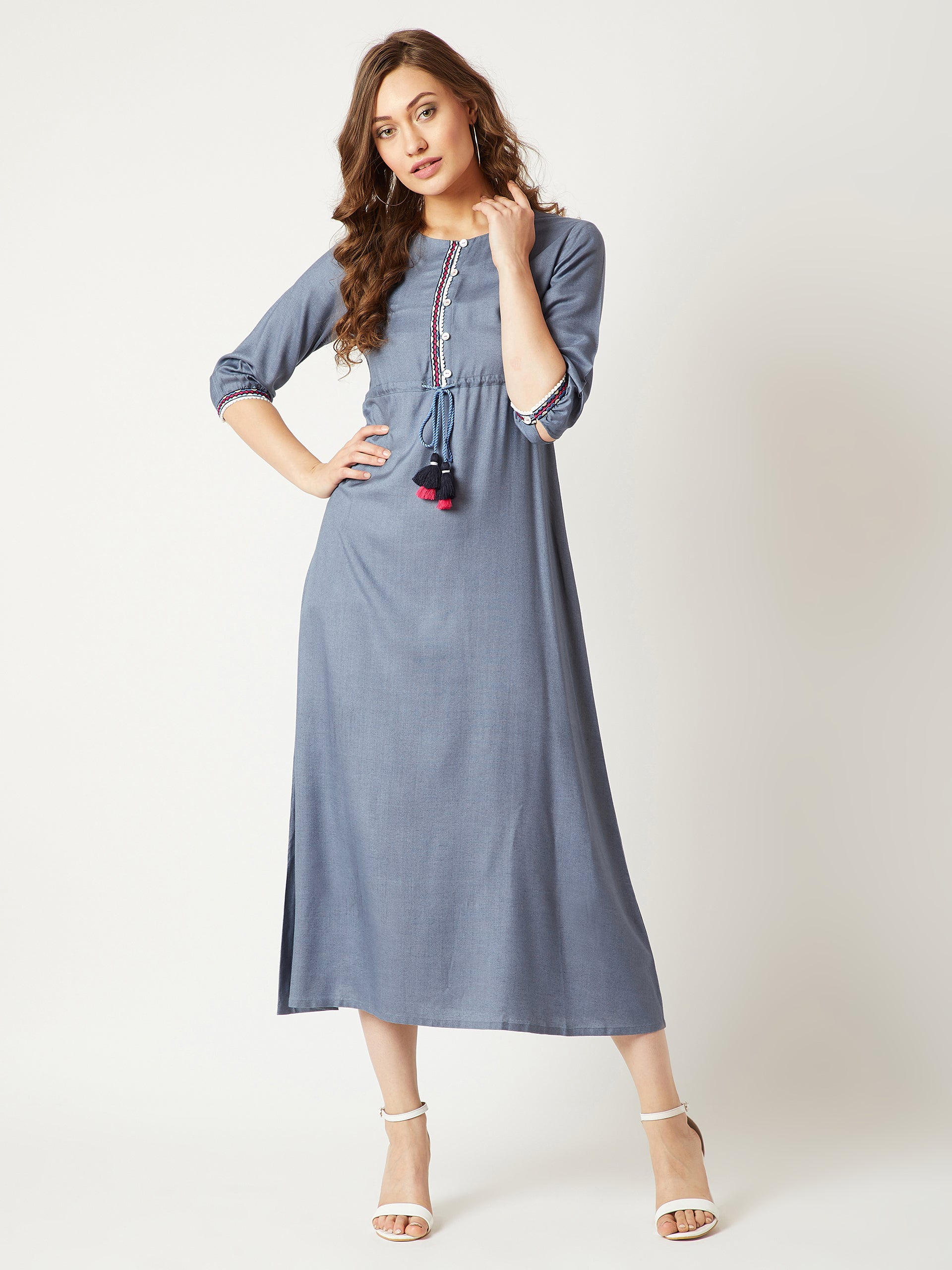 Steel Grey Round Neck Gathered 3/4 Sleeves Solid Embroidered And Tasseled Detailing Maxi Dress for Women