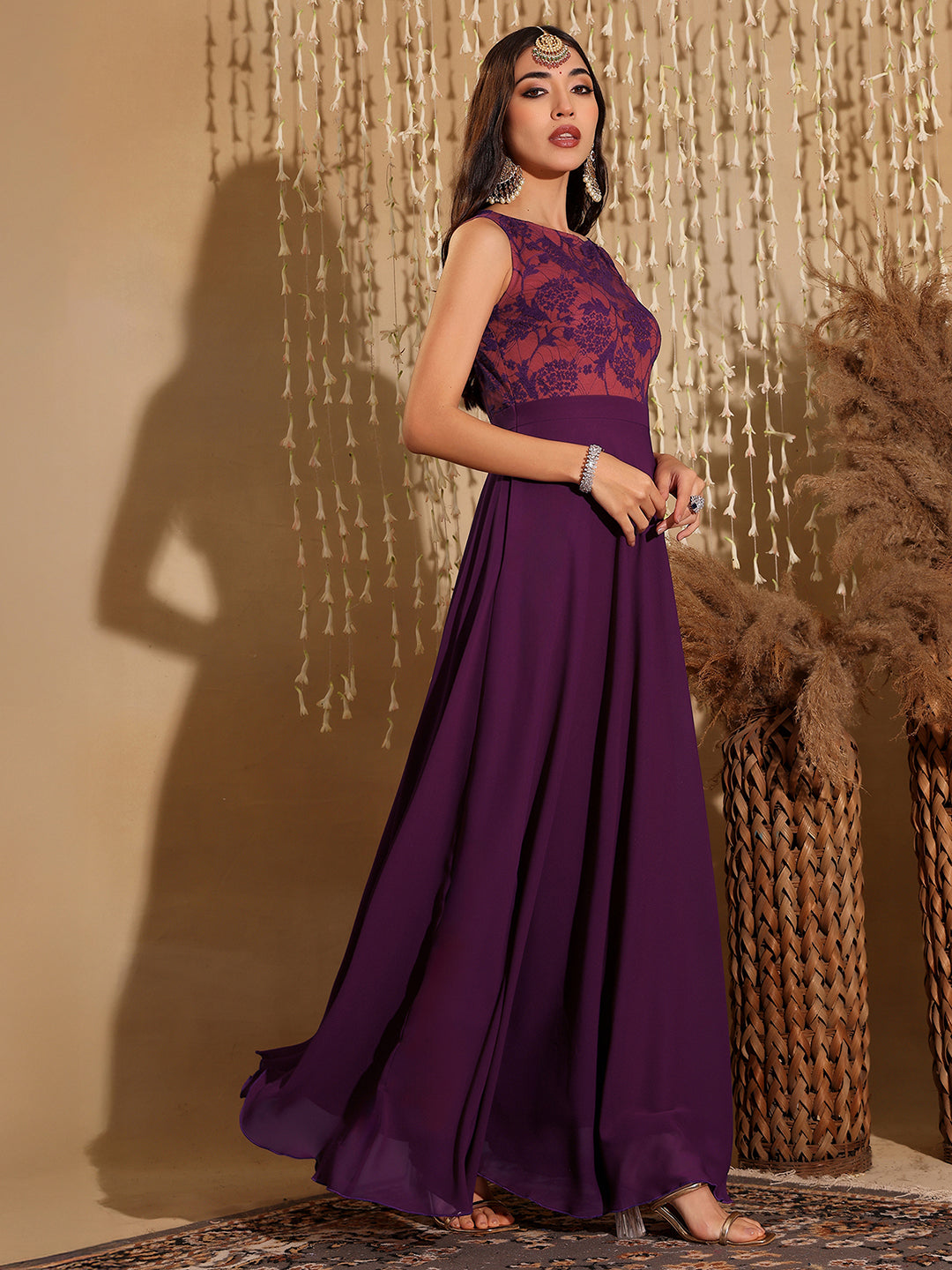 Women's Dark Purple Round Neck Sleeveless Georgette & Lace Floral Fit & Flare Maxi Dress