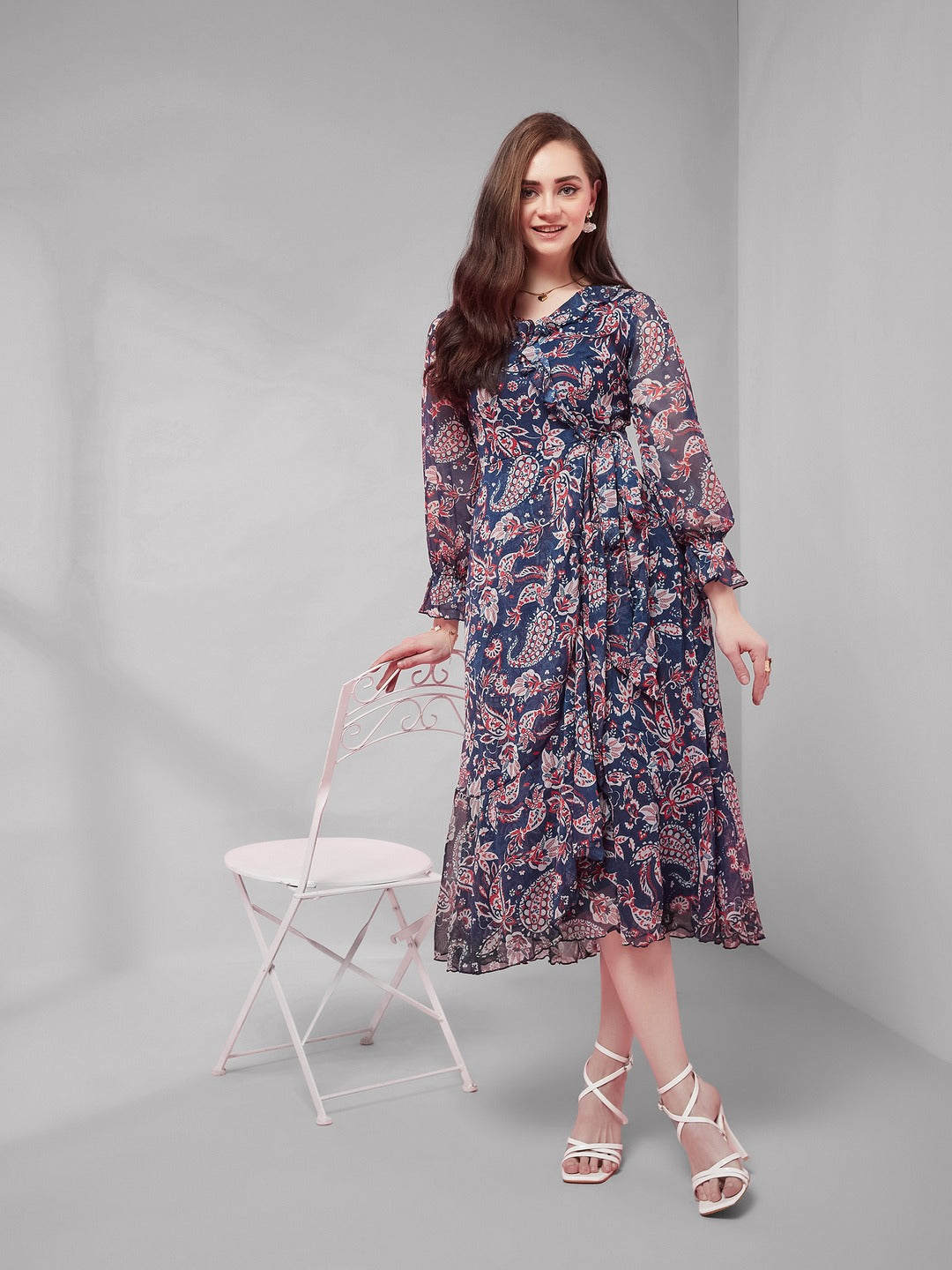 Navy Blue V Neck Full Sleeves Polyester Relaxed Fit Midi Length Dress for Women