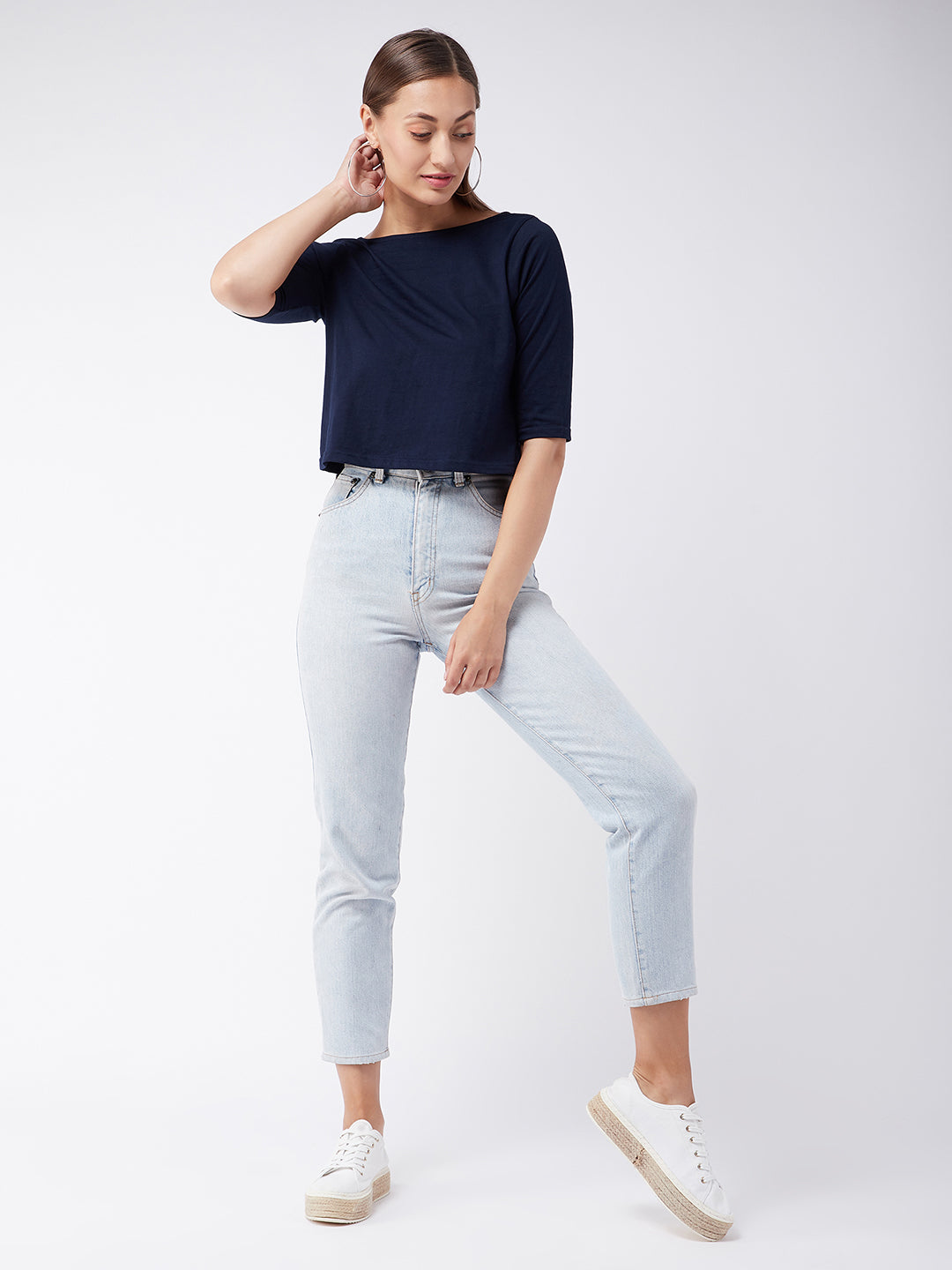 Women's Navy Blue Round Neck 3/4 Sleeves Button Up Top