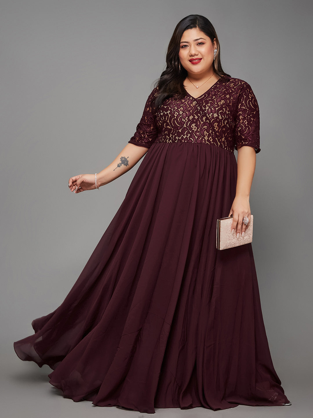 Body Bliss Wine Half Sleeve Self Designed Wrap Georgette Maxi Dress