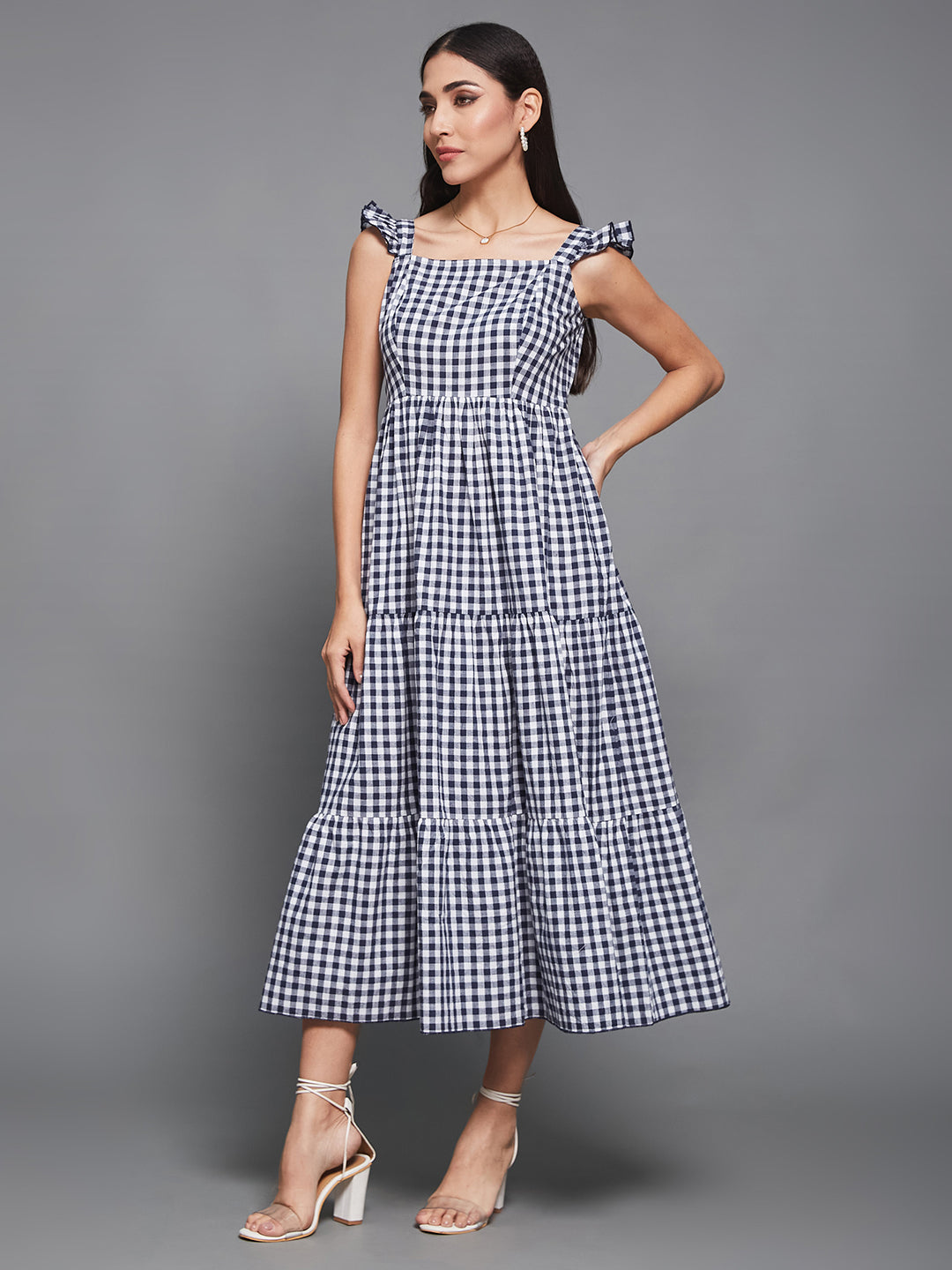 Navy & White Cotton Checkered Midi Tiered Dress