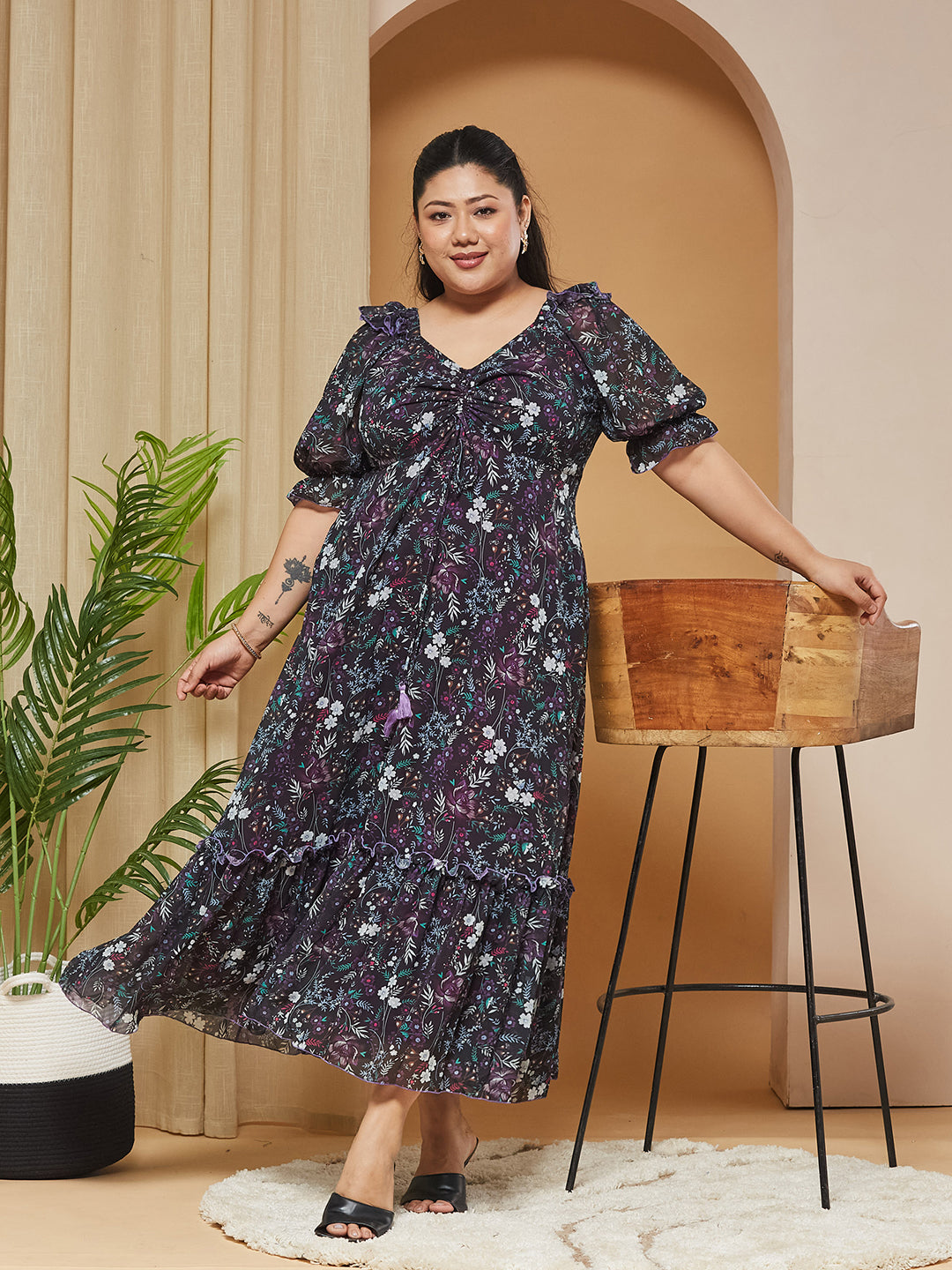 Multicolored-Base-Black Sweetheart-Neck Puffed-Sleeves Floral Ruching Georgette Maxi Dress for Women