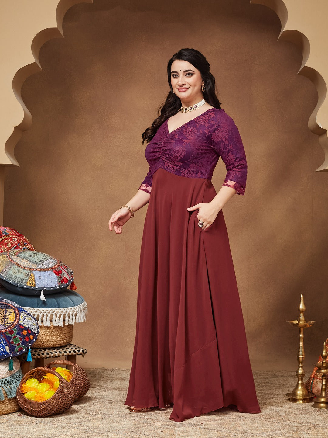 Brick Red Sweet heart neck 3/4 Sleeve Self Design Fit & Flare Maxi Dress for Women