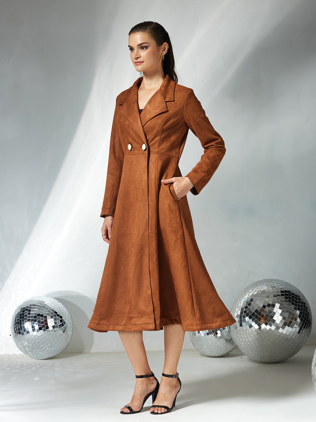 Women's Brown Solid V-Neck Full Sleeves Side Pocketed Polyester Double Breasted Longline Jacket