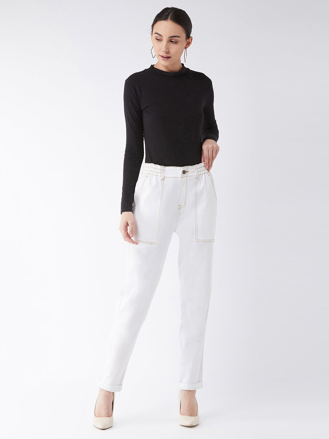 Women's White Mom's Jean High-Rise Stretchable Denim Jeans