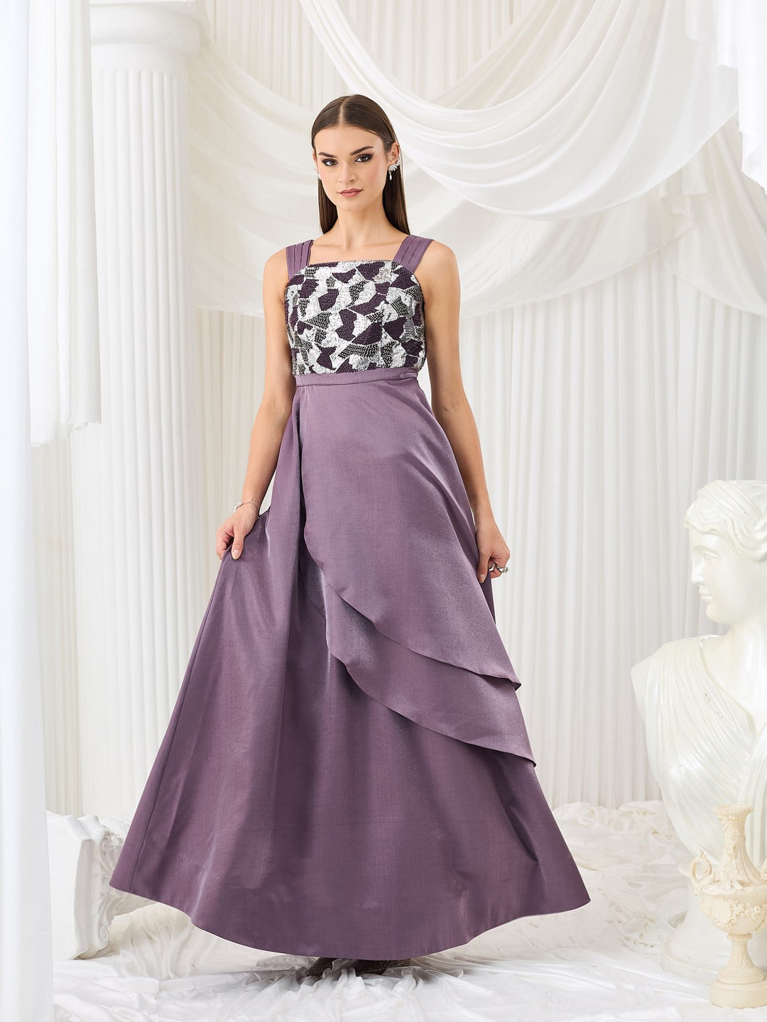Dusty Purple Square Neck Gown in Layered Embellished Satin for Women