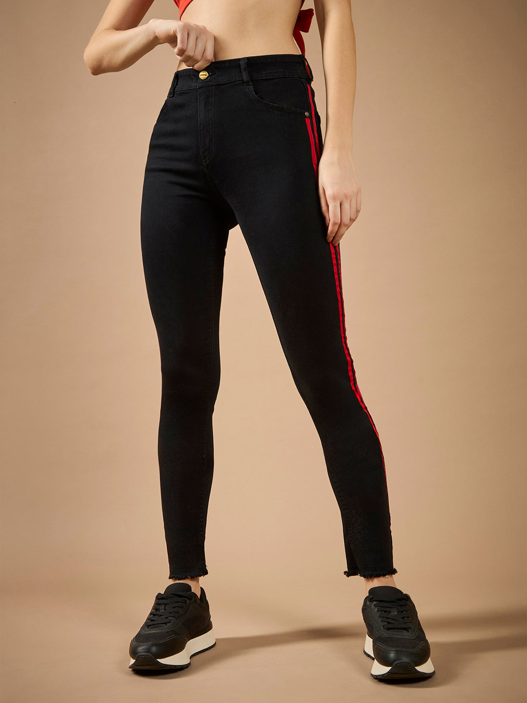 Women's Black Slim Fit High-Rise Clean-Look Regular-Length twill Tape Detailing Stretchable Denim Jeans