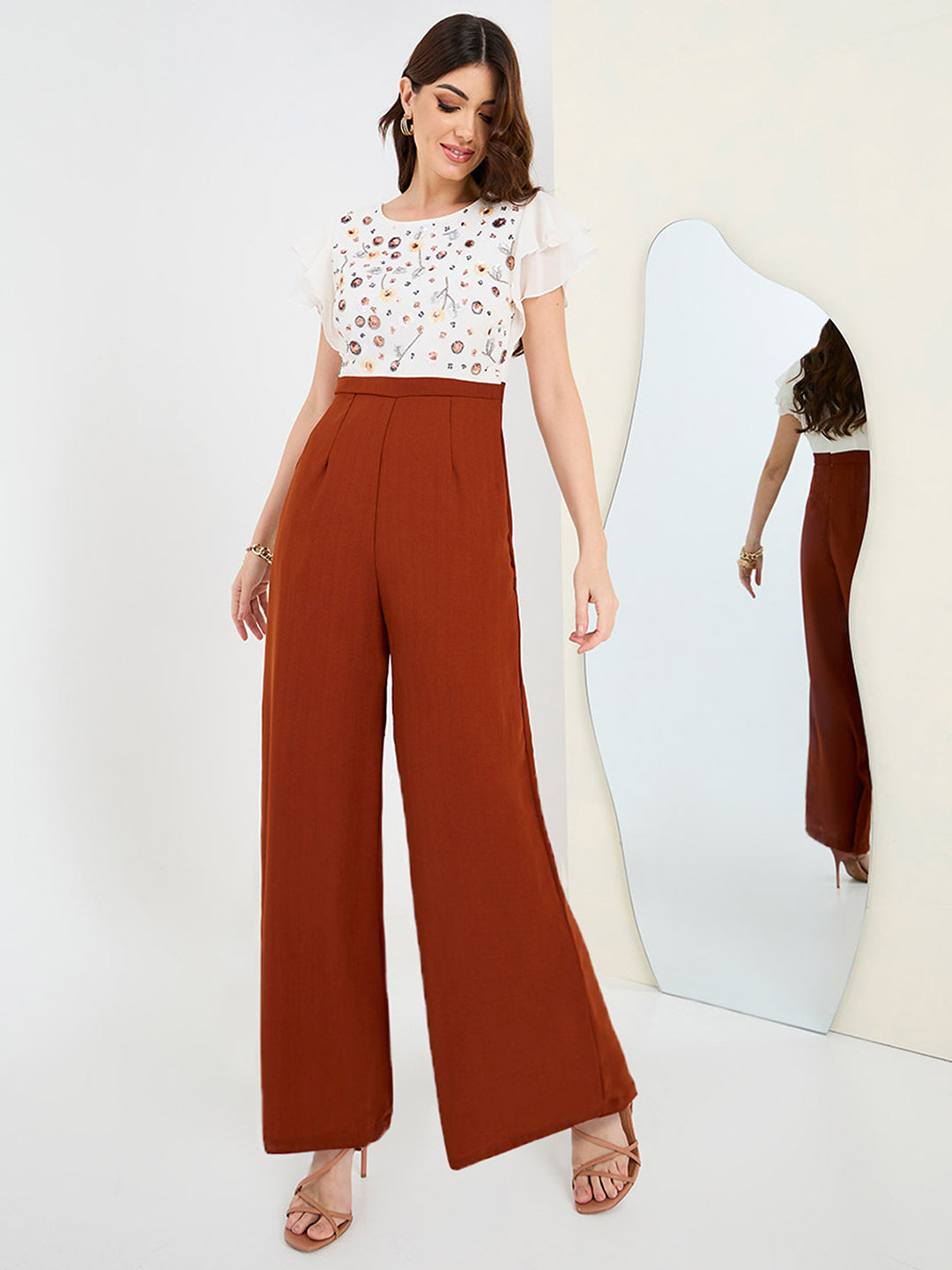 Women's Off White & Rust Round-Neck Extended Sleeve Embellished Regular Jumpsuit