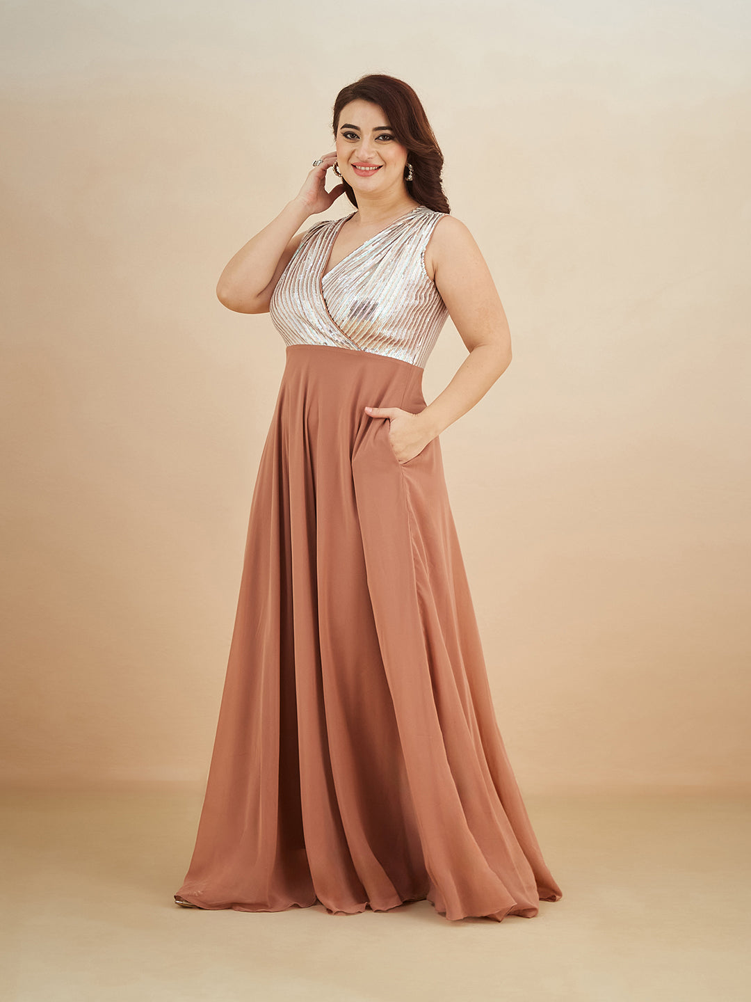 Dusty Peach V-Neck Sleeveless Embellished Wrap Maxi Georgette Dress for Women