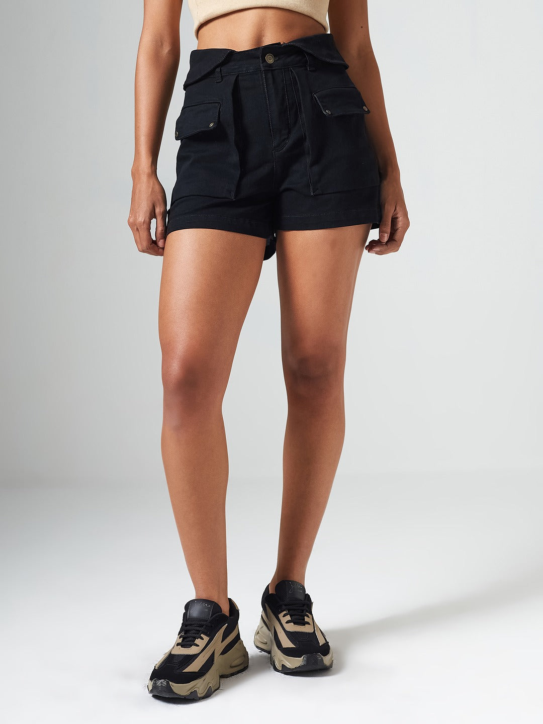 Black High-Rise Flared Stretch Denim Shorts with Quilted Waist & Statement Pockets for Women