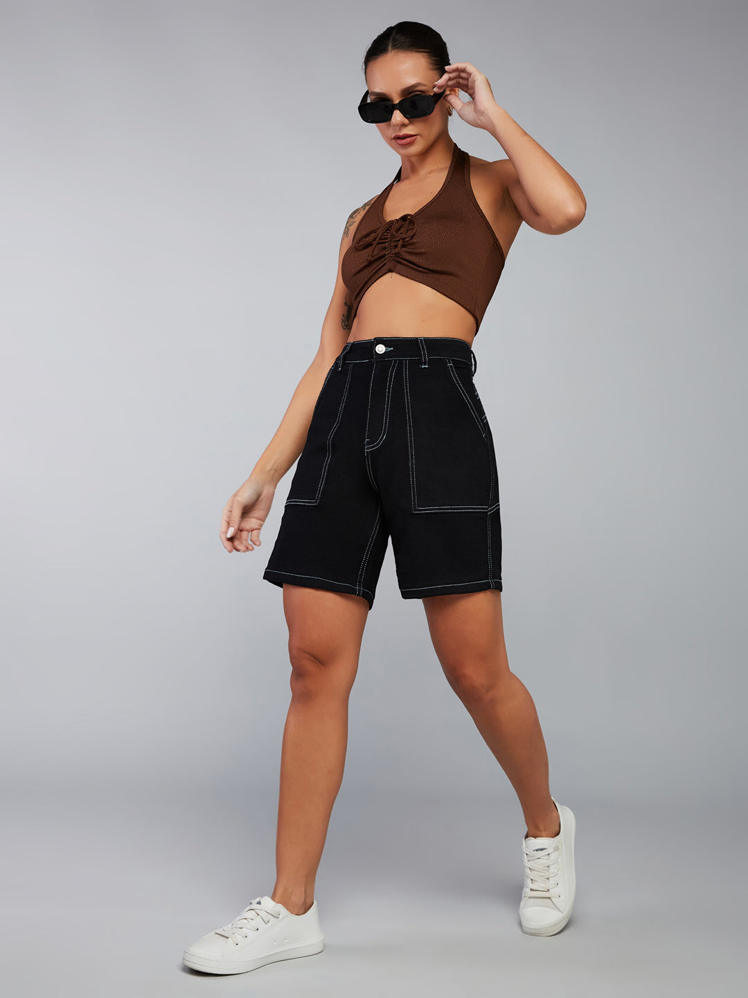 Black Regular High-Rise Clean-Look Above Knee Stretchable Denim Shorts for Women