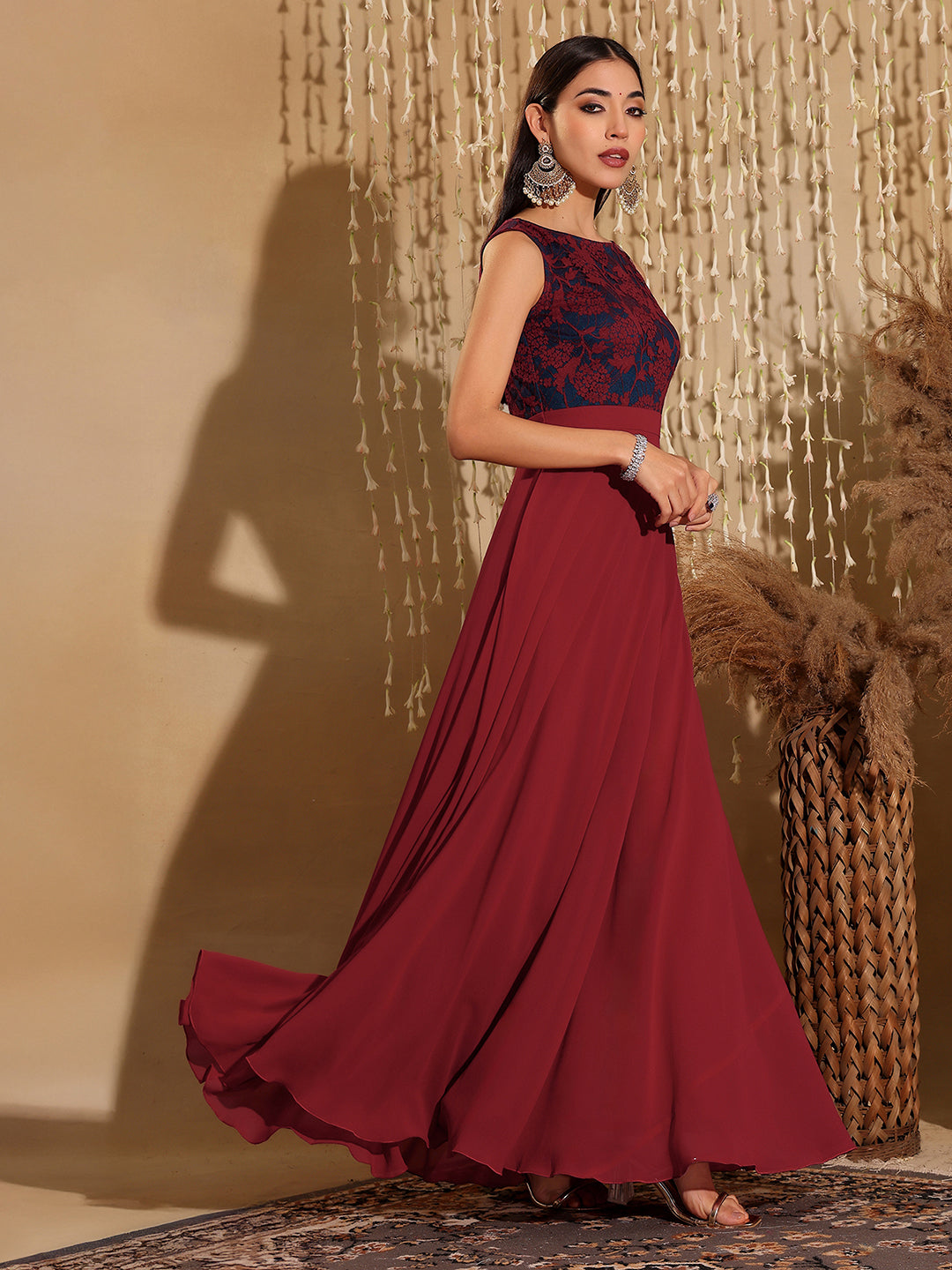 Women's Maroon & Teal Boat Neck Sleeveless Self Design Lace Overlaid Maxi Dress