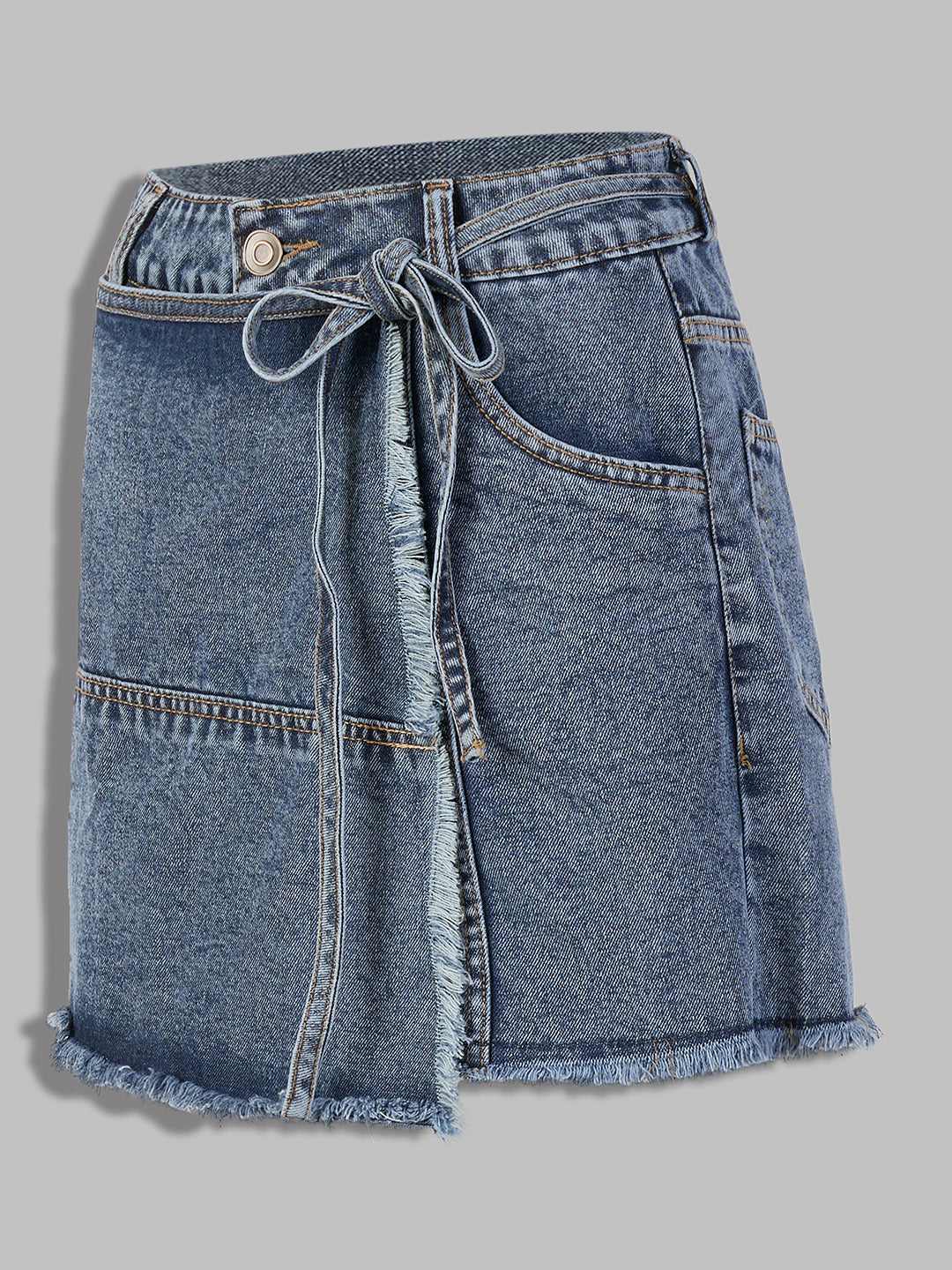 Women's Navy Blue High-Rise Mild-Distress Regular Denim Skorts