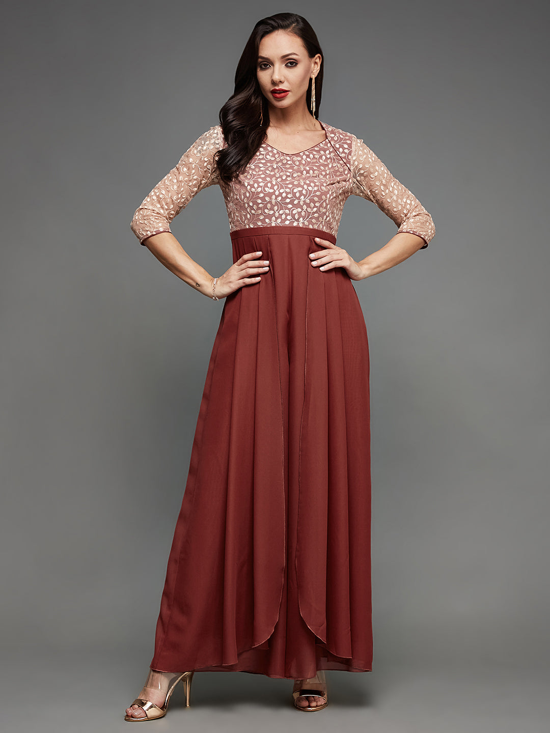 Women's Brick Red & Peach Embroidered Sweet-Heart Neck Raglan Sleeves Side Pocketed Georgette Pleated Regular-Length Jumpsuit