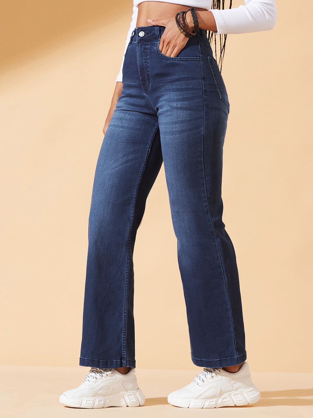 Navy-Blue Straight-Fit Mid-Rise Clean-Look Regular-Length Stretchable Denim Jeans for Women