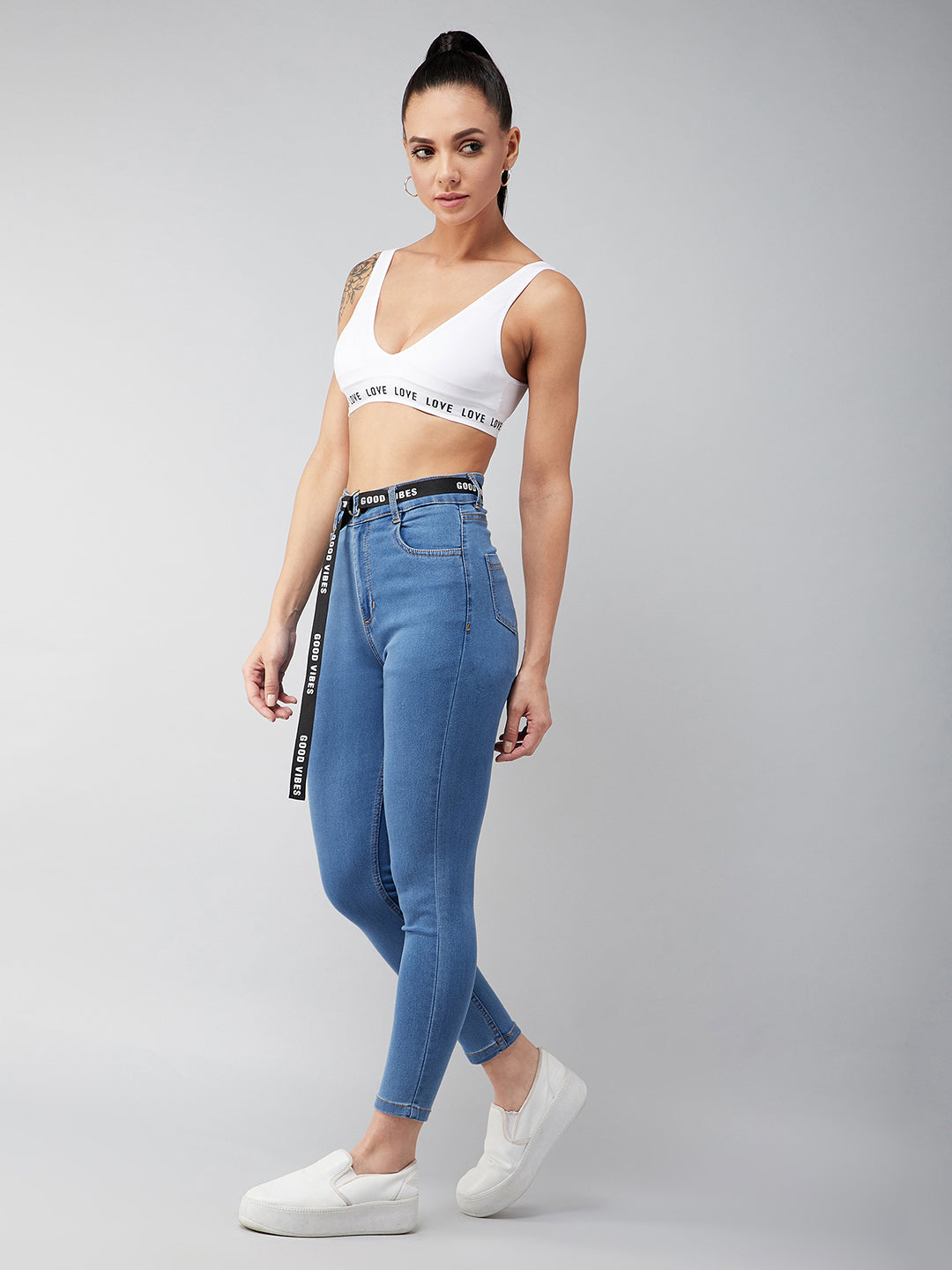 Women's Blue Cotton Skinny-Fit Cropped High-Rise Stretchable Denim Jeans